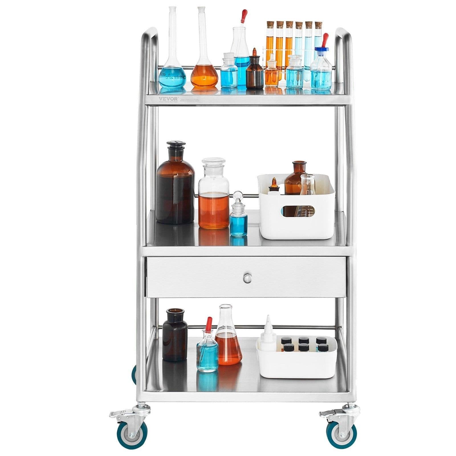 image-VEVOR Lab Serving Cart, 3 Layers Stainless Steel Utility Rolling Cart, Medical Cart with A Drawer, Dental Utility Cart with Lockable Wheels, for Laboratory, Hospital, Dental Use