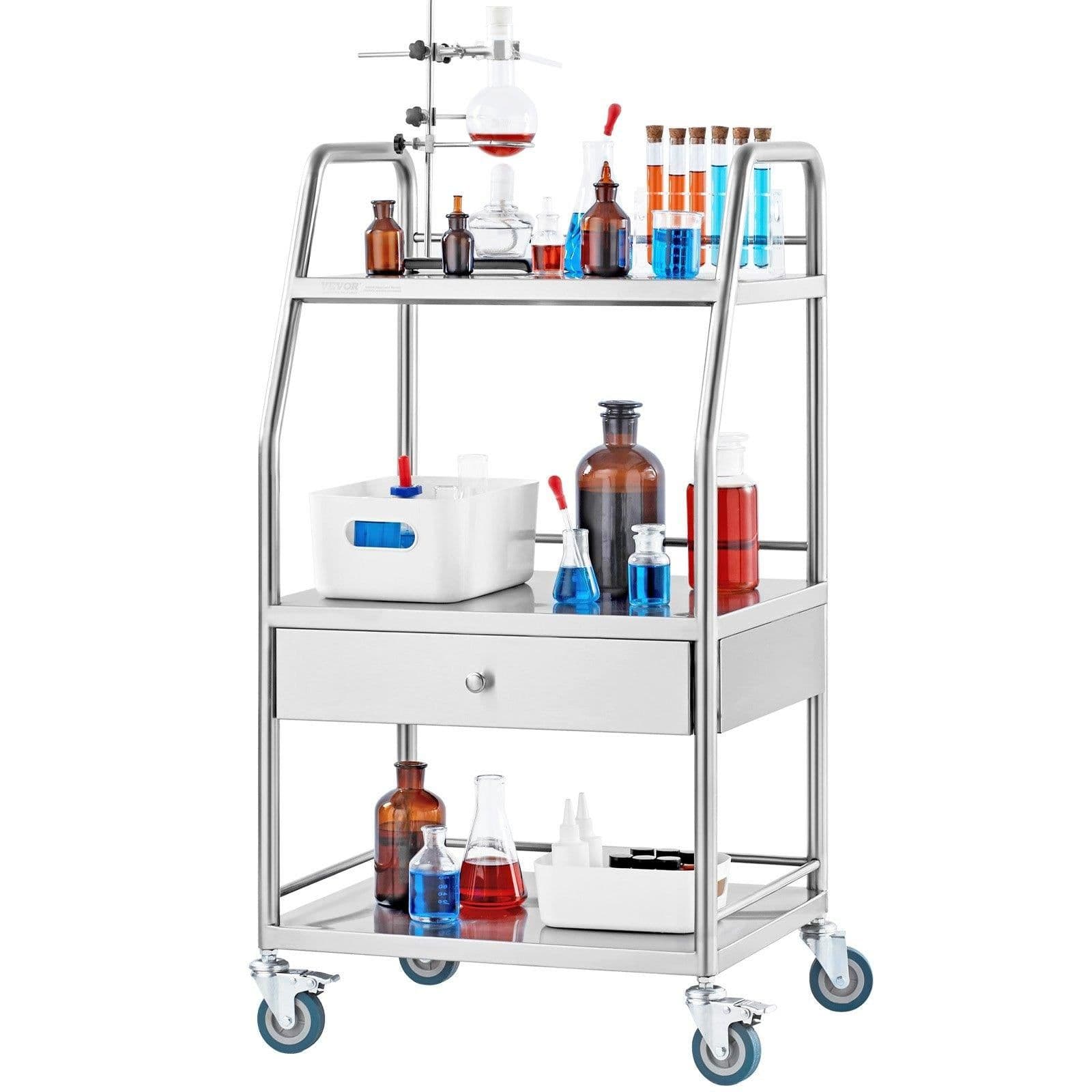 image-VEVOR Lab Serving Cart, 3 Layers Stainless Steel Utility Rolling Cart, Medical Cart with A Drawer, Dental Utility Cart with Lockable Wheels, for Laboratory, Hospital, Dental Use