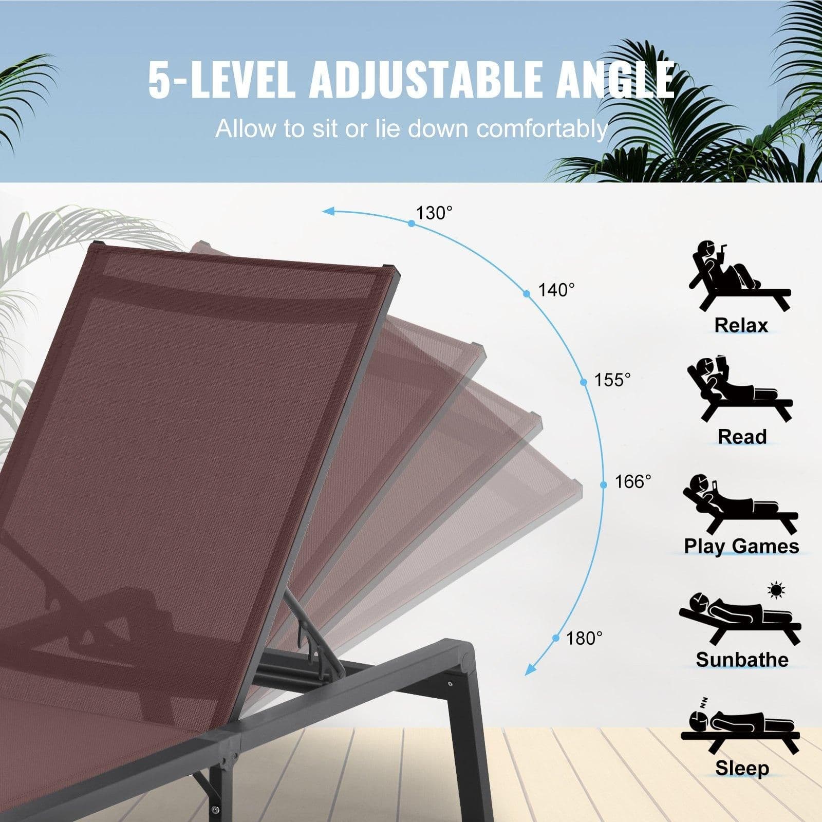 image-VEVOR Chaise Lounge Chair Outdoor Patio Lounge Chair Adjustable 5-Position 2 pcs