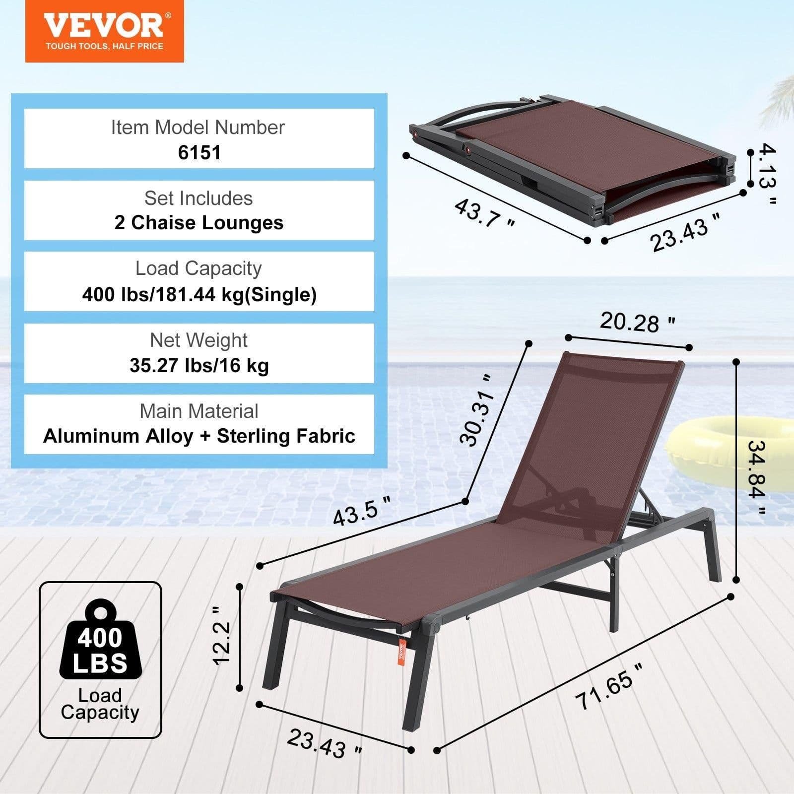 image-VEVOR Chaise Lounge Chair Outdoor Patio Lounge Chair Adjustable 5-Position 2 pcs