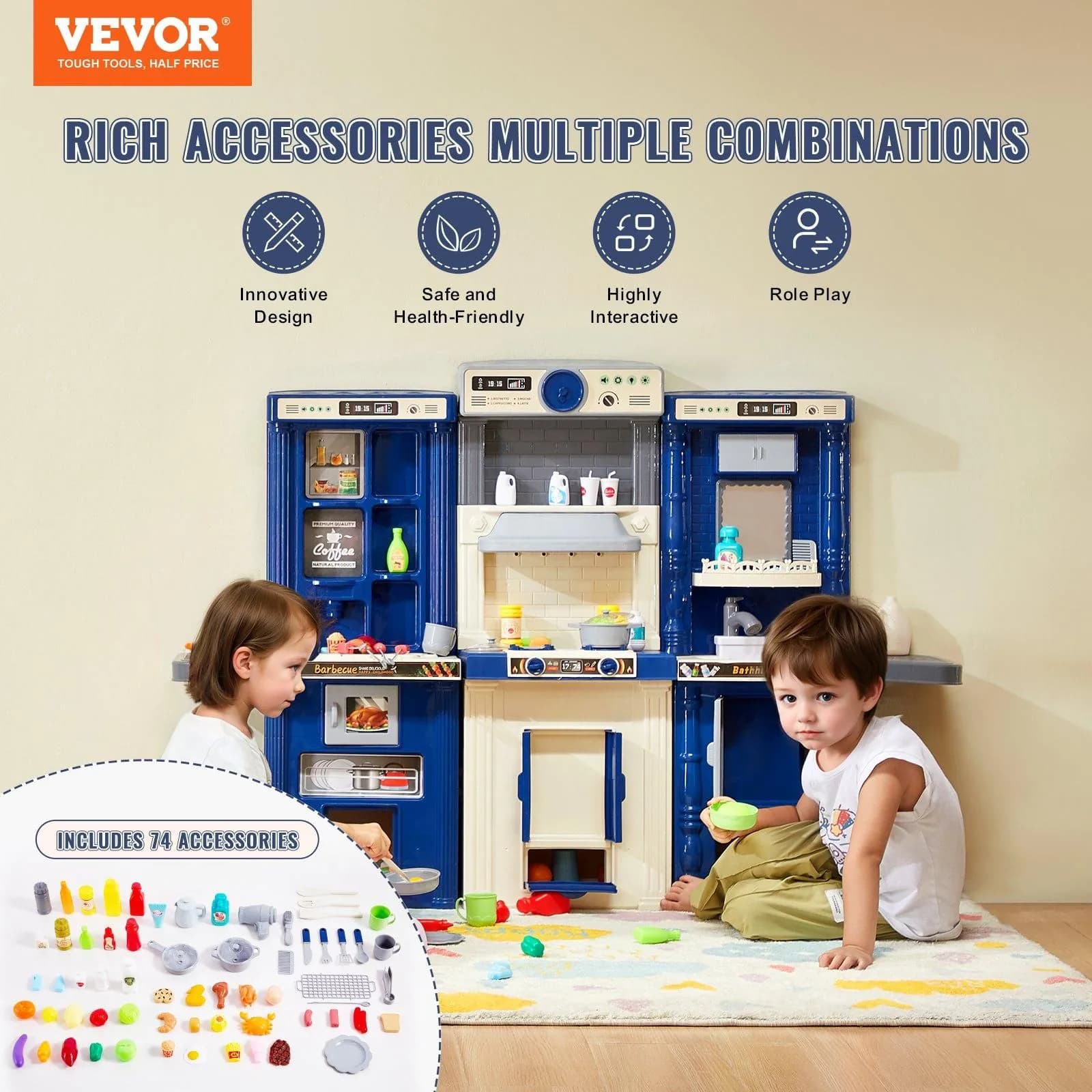 image-VEVOR Kids Kitchen Playset, 3-in-1 Toddler Kitchen with Simulated Spray, Sounds and Lights, Play Kitchen Set with 74 PCS Cooking Accessory Set for Toddlers, Preschoolers, Children Ages 3-8, Blue