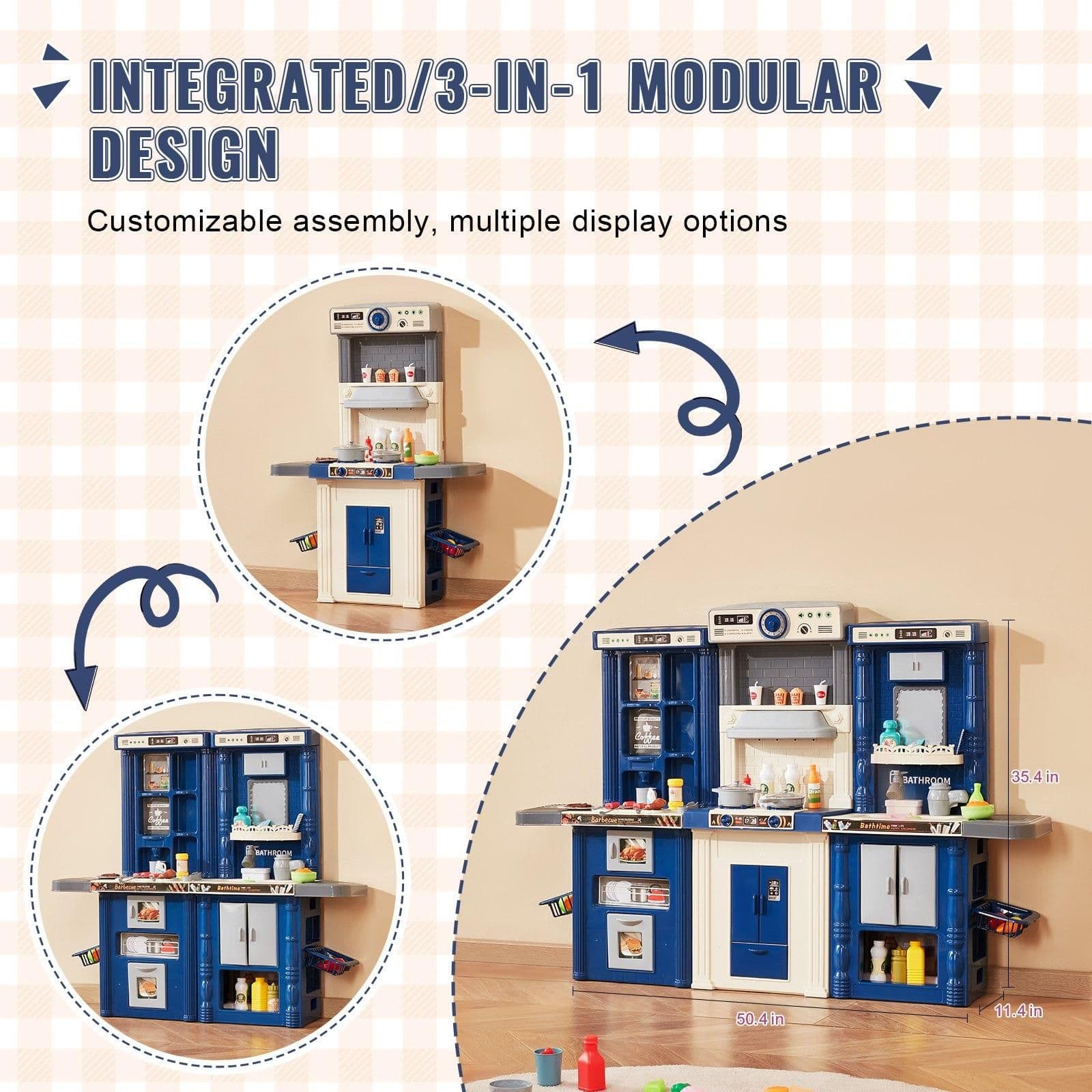 image-VEVOR Kids Kitchen Playset, 3-in-1 Toddler Kitchen with Simulated Spray, Sounds and Lights, Play Kitchen Set with 74 PCS Cooking Accessory Set for Toddlers, Preschoolers, Children Ages 3-8, Blue