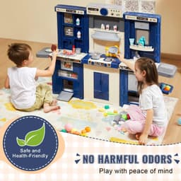 image-VEVOR Kids Kitchen Playset, 3-in-1 Toddler Kitchen with Simulated Spray, Sounds and Lights, Play Kitchen Set with 74 PCS Cooking Accessory Set for Toddlers, Preschoolers, Children Ages 3-8, Blue