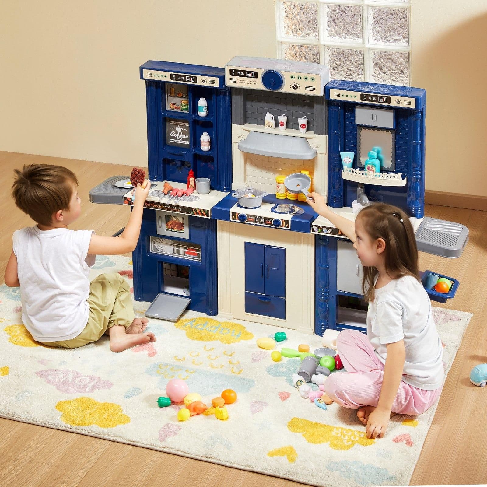 image-VEVOR Kids Kitchen Playset, 3-in-1 Toddler Kitchen with Simulated Spray, Sounds and Lights, Play Kitchen Set with 74 PCS Cooking Accessory Set for Toddlers, Preschoolers, Children Ages 3-8, Blue