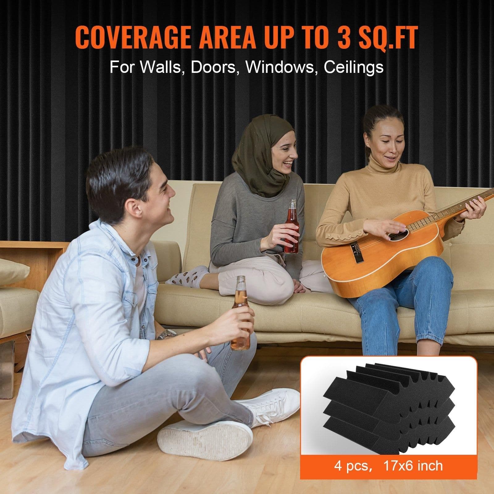 image-VEVOR Acoustic Foam Panels, 4 Pack 16.5 x 6.3 x 12 inches, Adhesive High Density Soundproof Wall Panels,Fire-Resistant Acoustic Panel,Sound Dampening Absorbing Panel for Studio Wall and Ceiling,Black