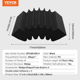 image-VEVOR Acoustic Foam Panels, 4 Pack 16.5 x 6.3 x 12 inches, Adhesive High Density Soundproof Wall Panels,Fire-Resistant Acoustic Panel,Sound Dampening Absorbing Panel for Studio Wall and Ceiling,Black