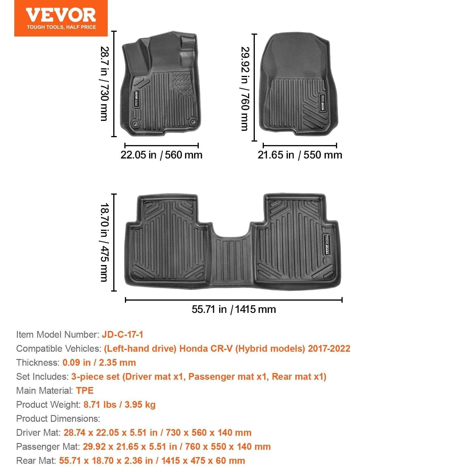 image-VEVOR Automotive Floor Mats, Fits for Honda CR-V (Hybrid Models) 2017-2022, 3 pcs Front and 2nd Row Liners, All Weather Custom Fit TPE Vehicle Floor Mats, Easy to Clean Floor Liners for SUV, Black