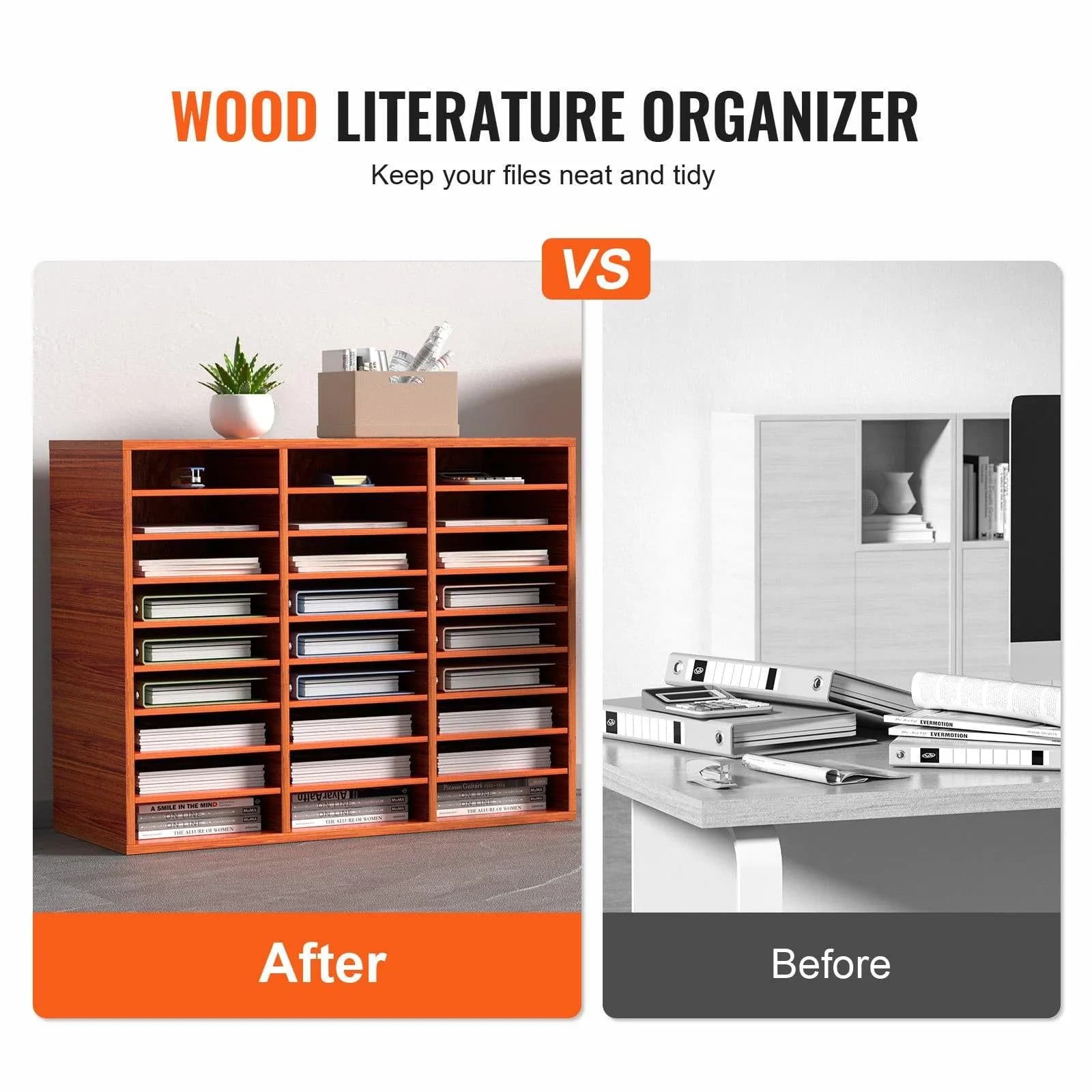 image-VEVOR 27 Compartments Wood Literature Organizer, Adjustable Shelves, Medium Density Fiberboard Mail Center, Office Home School Storage for Files, Documents, Papers, Magazines, Brown
