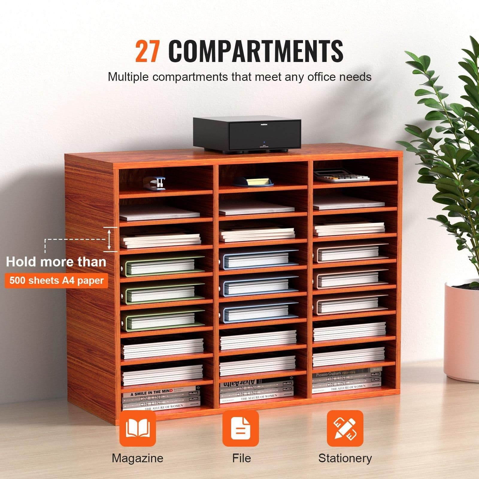 image-VEVOR 27 Compartments Wood Literature Organizer, Adjustable Shelves, Medium Density Fiberboard Mail Center, Office Home School Storage for Files, Documents, Papers, Magazines, Brown