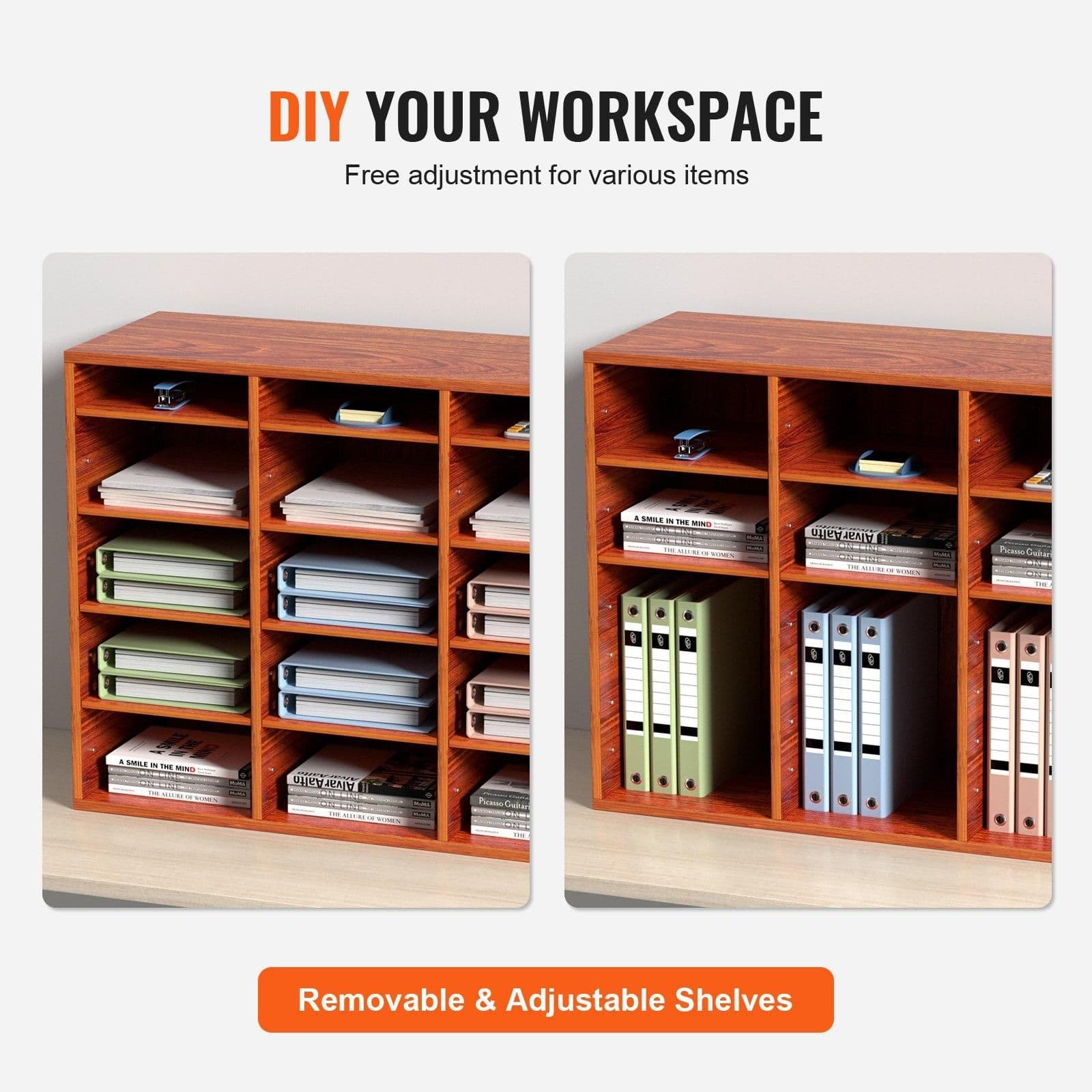 image-VEVOR 27 Compartments Wood Literature Organizer, Adjustable Shelves, Medium Density Fiberboard Mail Center, Office Home School Storage for Files, Documents, Papers, Magazines, Brown