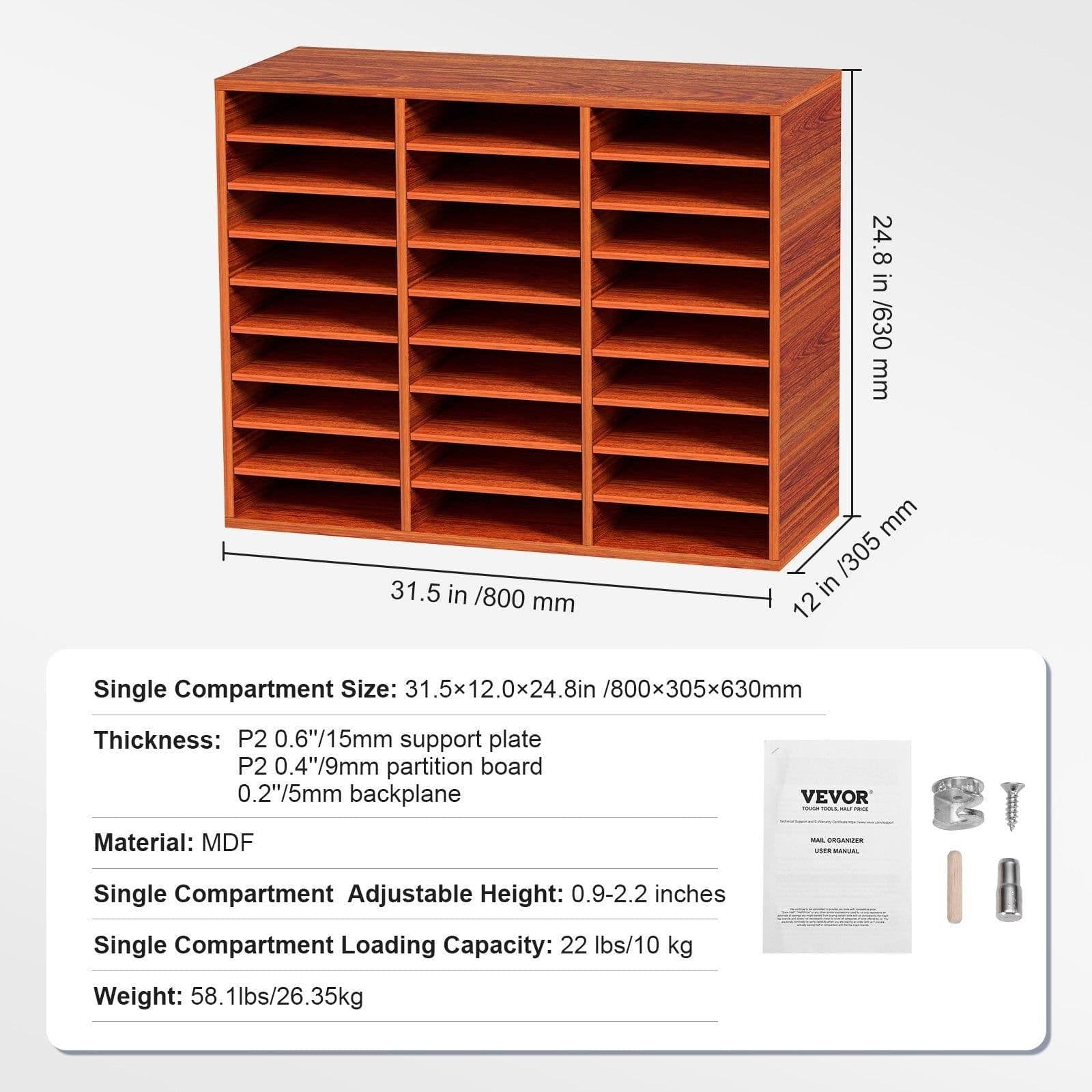 image-VEVOR 27 Compartments Wood Literature Organizer, Adjustable Shelves, Medium Density Fiberboard Mail Center, Office Home School Storage for Files, Documents, Papers, Magazines, Brown