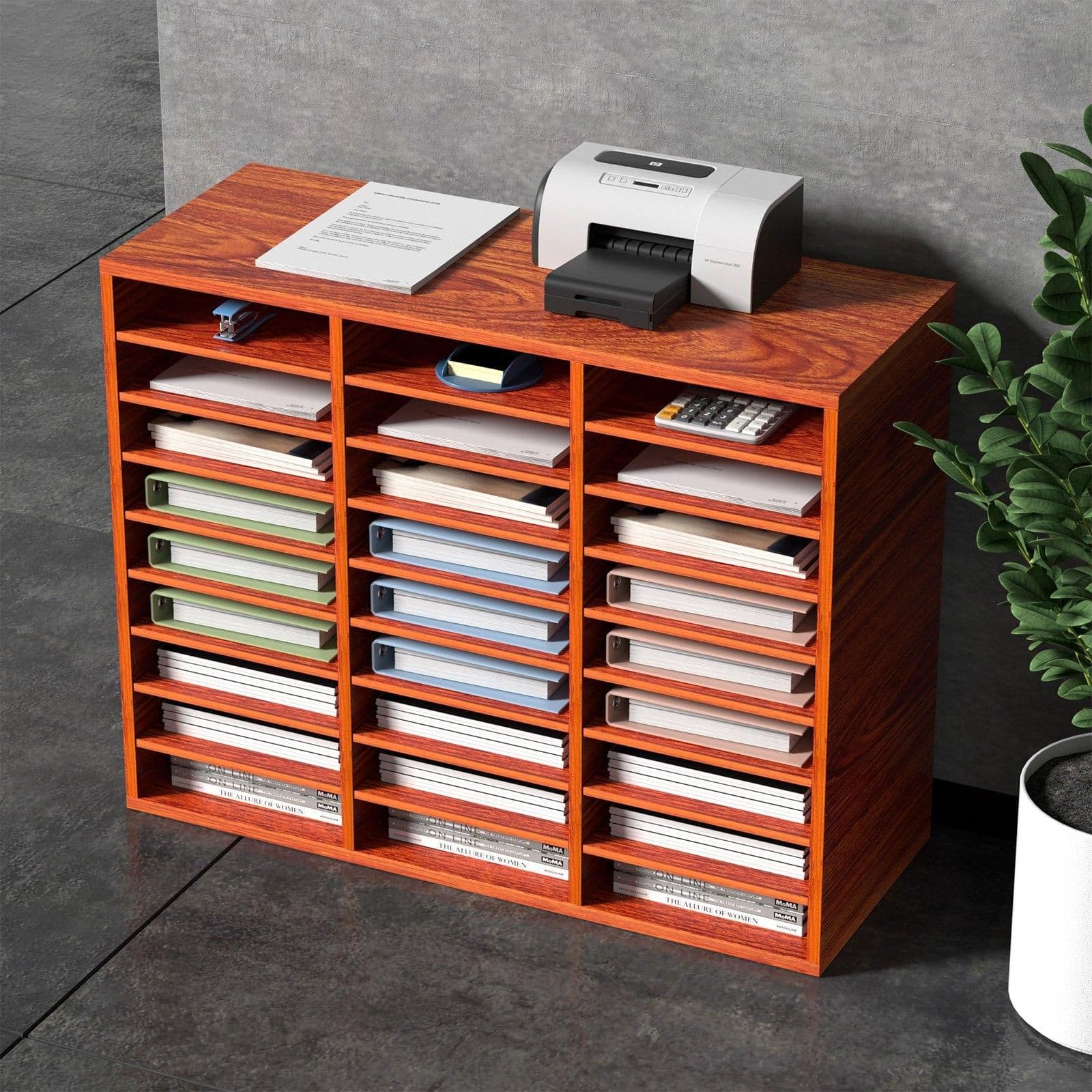 image-VEVOR 27 Compartments Wood Literature Organizer, Adjustable Shelves, Medium Density Fiberboard Mail Center, Office Home School Storage for Files, Documents, Papers, Magazines, Brown