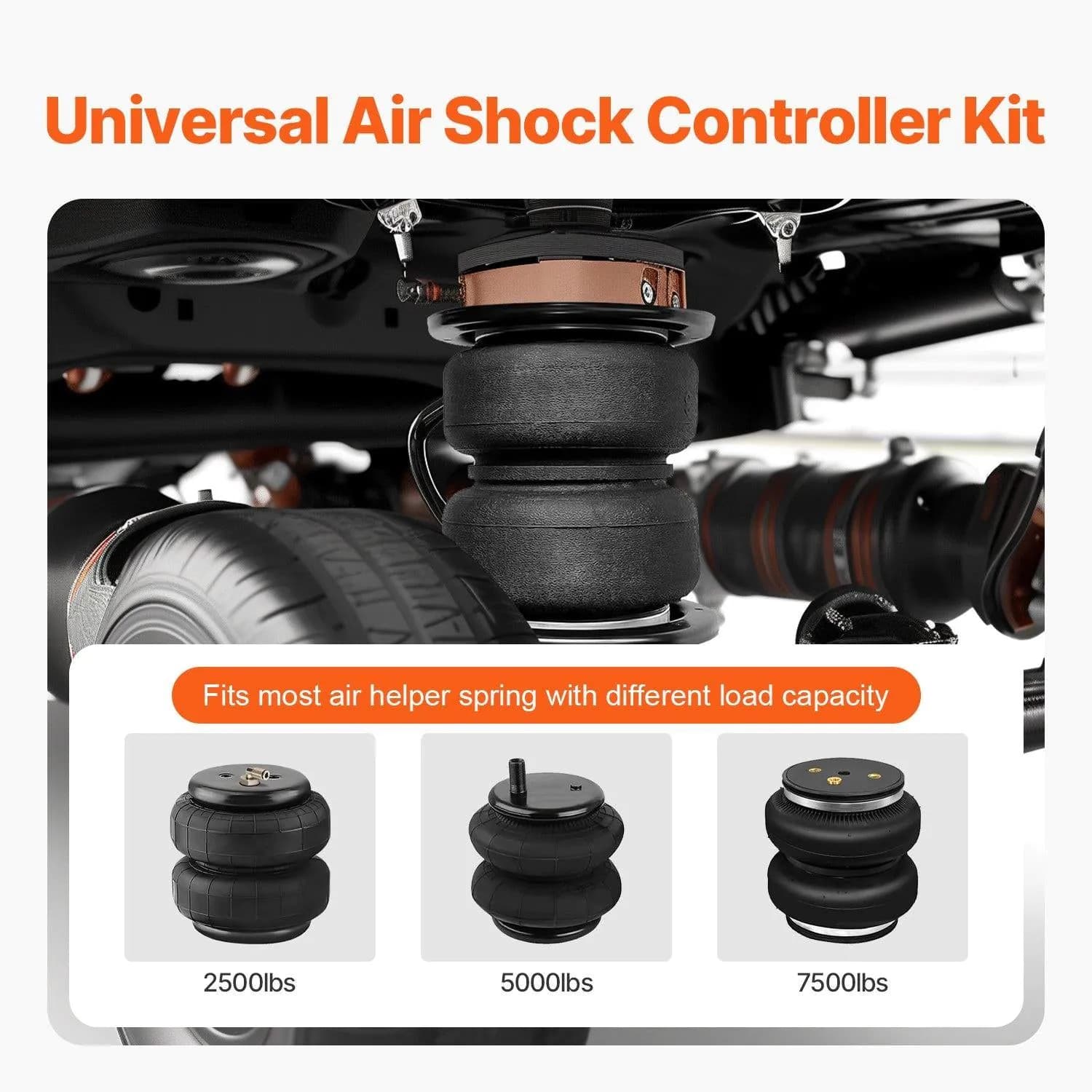 image-VEVOR Air Shock Controller Kit, 12V 100PSI Wireless On Board Air Compressor System, App or Remote Control Air Ride Suspension Compressor Kit with Single Path System, Inflator & Air Line for Truck Van