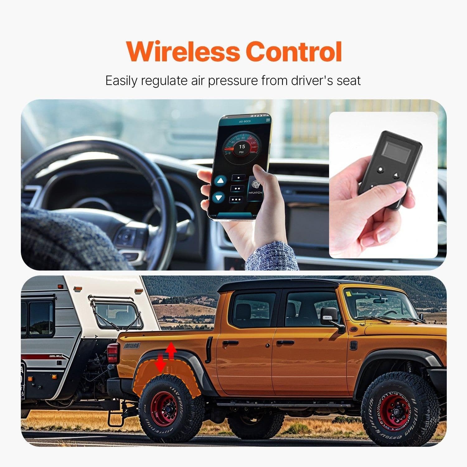 image-VEVOR Air Shock Controller Kit, 12V 100PSI Wireless On Board Air Compressor System, App or Remote Control Air Ride Suspension Compressor Kit with Single Path System, Inflator & Air Line for Truck Van