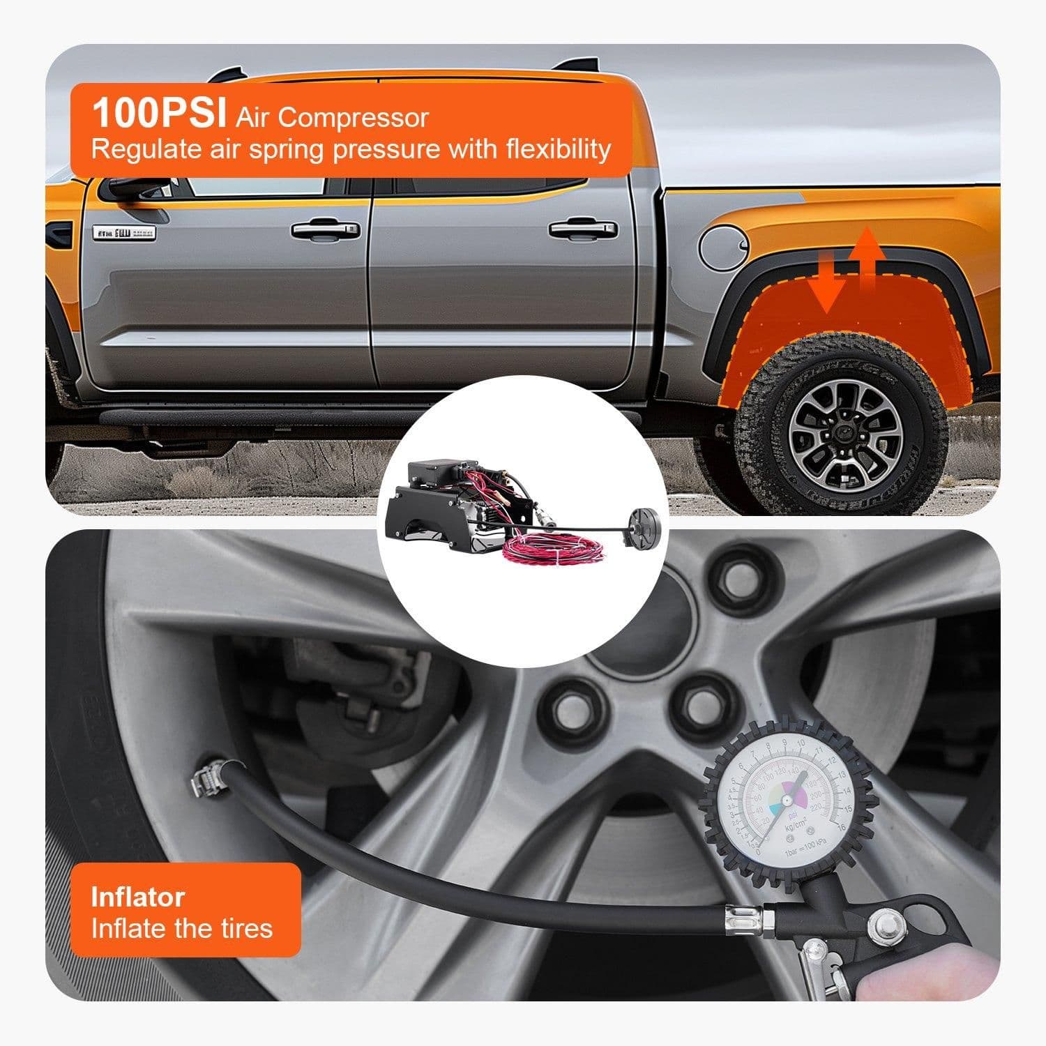 image-VEVOR Air Shock Controller Kit, 12V 100PSI Wireless On Board Air Compressor System, App or Remote Control Air Ride Suspension Compressor Kit with Single Path System, Inflator & Air Line for Truck Van