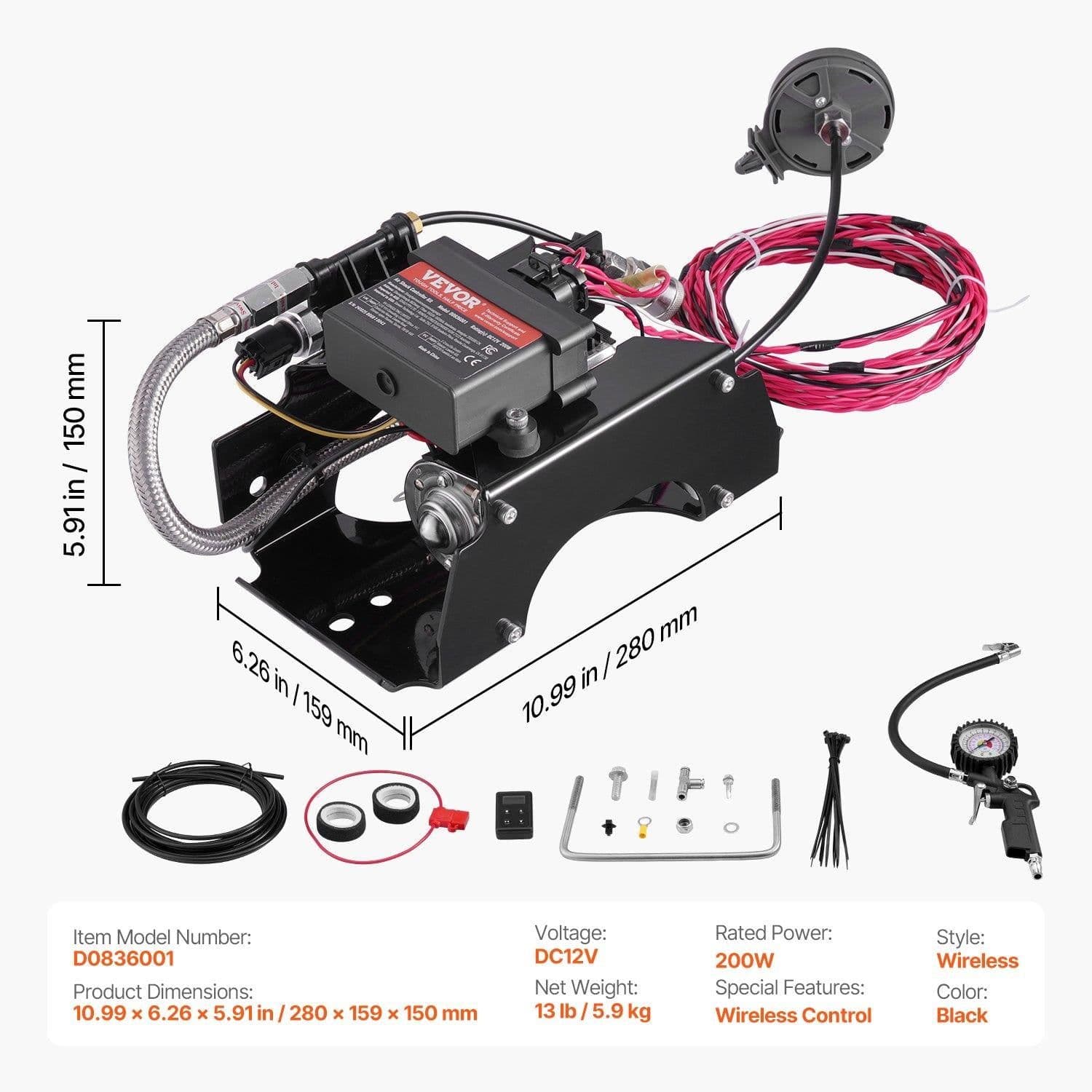 image-VEVOR Air Shock Controller Kit, 12V 100PSI Wireless On Board Air Compressor System, App or Remote Control Air Ride Suspension Compressor Kit with Single Path System, Inflator & Air Line for Truck Van