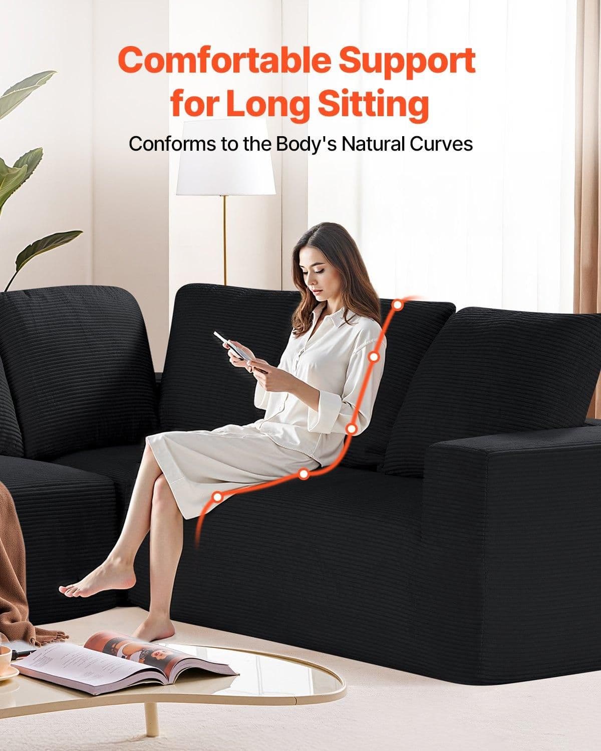image-VEVOR Modular Sectional Sofa, L Shaped Modular Sofa Deep Seat, Cloud Sectional Couch with High Rebound Sponge and Density, Upholstered Corduroy Couch with Cushion for Living Room, Bedroom, Black