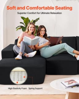 image-VEVOR Modular Sectional Sofa, L Shaped Modular Sofa with Chaise, Cloud Sectional Couch with High Rebound Sponge and Density, Upholstered Corduroy Couch with Cushion for Living Room, Bedroom, Black