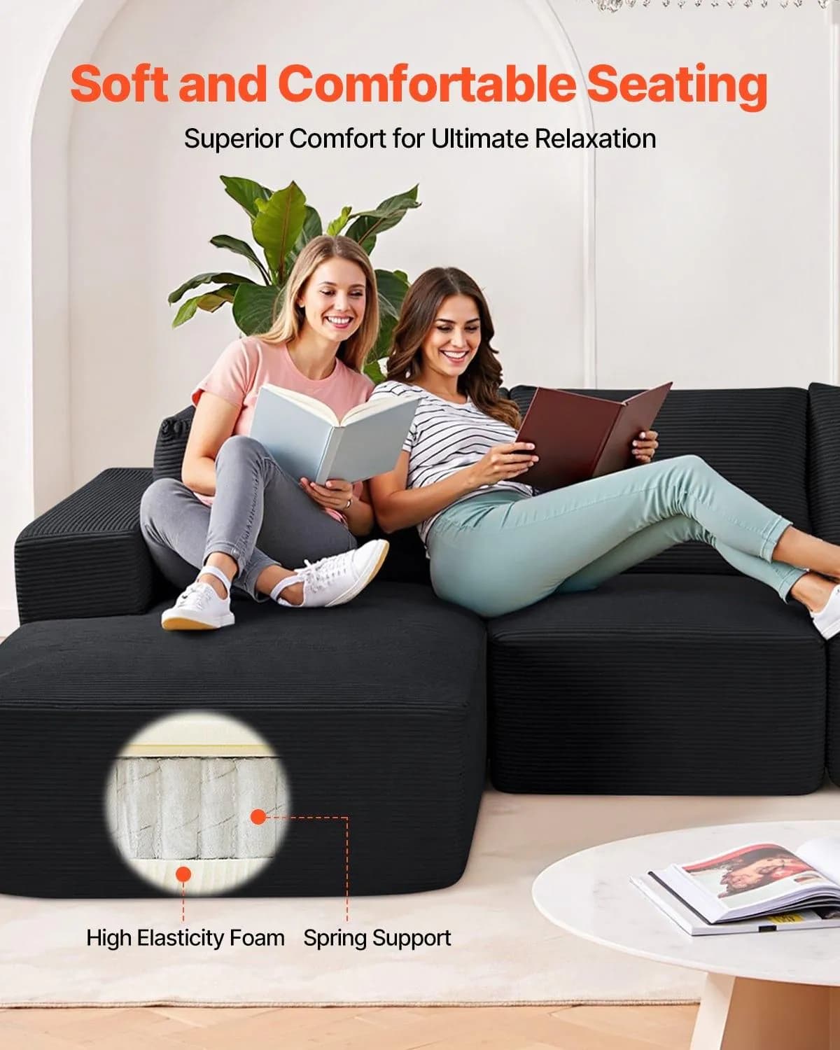image-VEVOR Modular Sectional Sofa, L Shaped Modular Sofa with Chaise, Cloud Sectional Couch with High Rebound Sponge and Density, Upholstered Corduroy Couch with Cushion for Living Room, Bedroom, Black