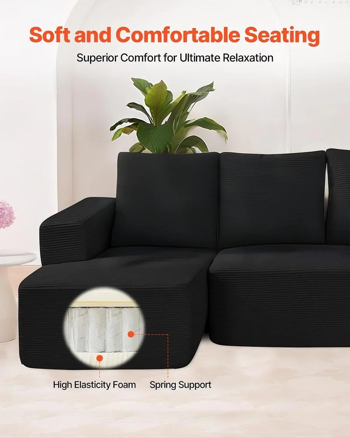 image-VEVOR Modular Sectional Sofa, L Shaped Modular Sofa with Chaise, Cloud Sectional Couch with High Rebound Sponge and Density, Upholstered Corduroy Couch with Cushion for Living Room, Bedroom, Black