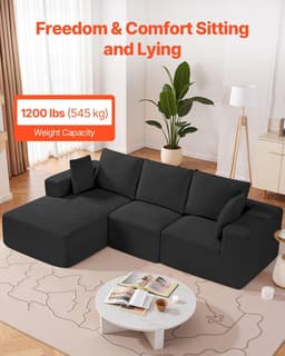 image-VEVOR Modular Sectional Sofa, L Shaped Modular Sofa with Chaise, Cloud Sectional Couch with High Rebound Sponge and Density, Upholstered Corduroy Couch with Cushion for Living Room, Bedroom, Black