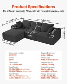 image-VEVOR Modular Sectional Sofa, L Shaped Modular Sofa with Chaise, Cloud Sectional Couch with High Rebound Sponge and Density, Upholstered Corduroy Couch with Cushion for Living Room, Bedroom, Black