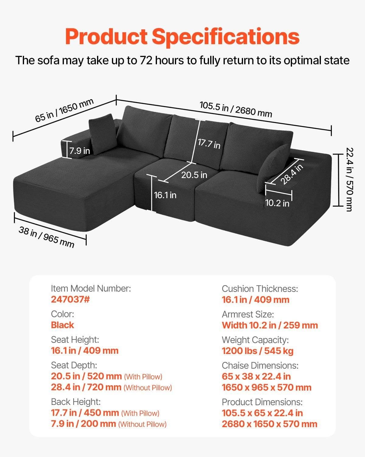 image-VEVOR Modular Sectional Sofa, L Shaped Modular Sofa with Chaise, Cloud Sectional Couch with High Rebound Sponge and Density, Upholstered Corduroy Couch with Cushion for Living Room, Bedroom, Black