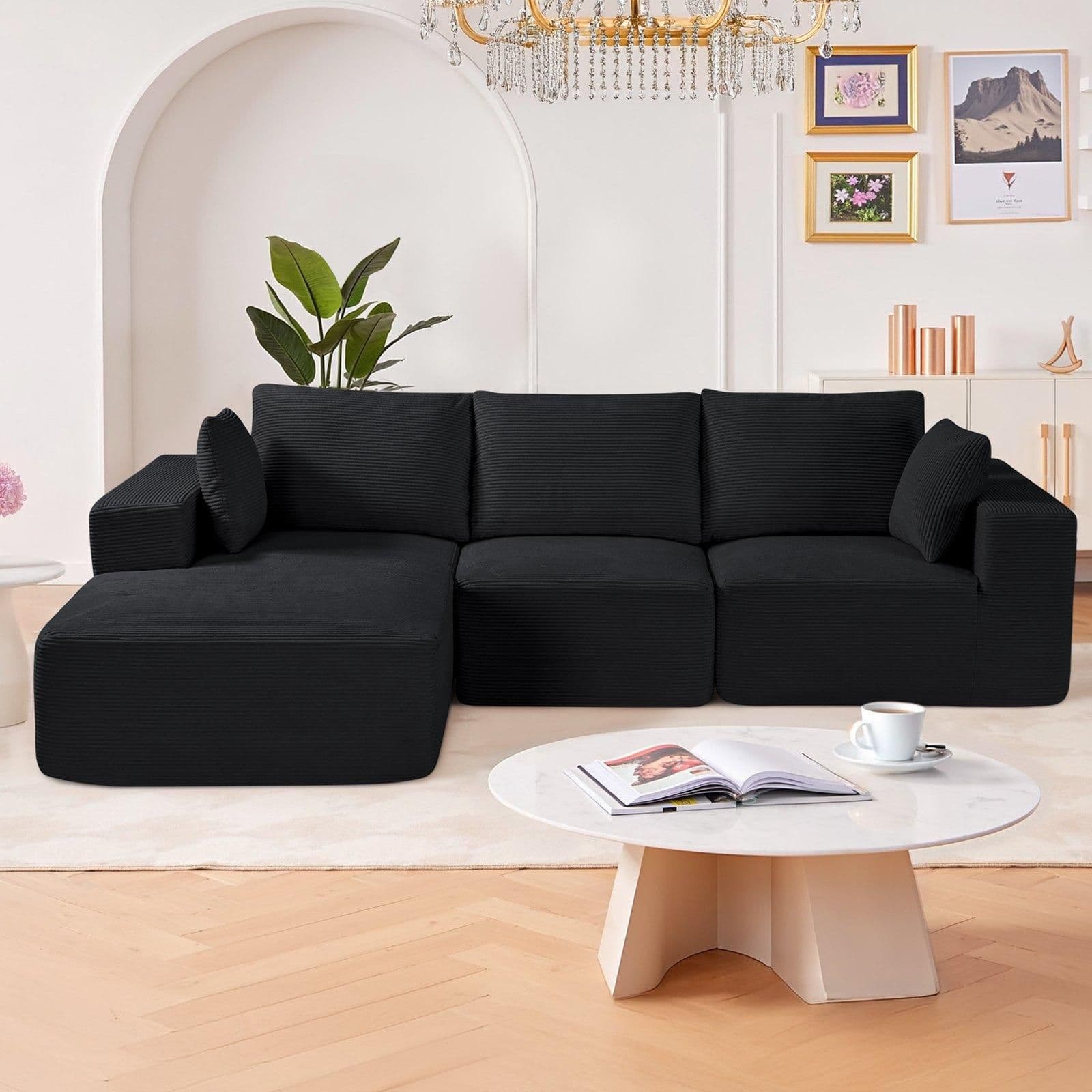 image-VEVOR Modular Sectional Sofa, L Shaped Modular Sofa with Chaise, Cloud Sectional Couch with High Rebound Sponge and Density, Upholstered Corduroy Couch with Cushion for Living Room, Bedroom, Black