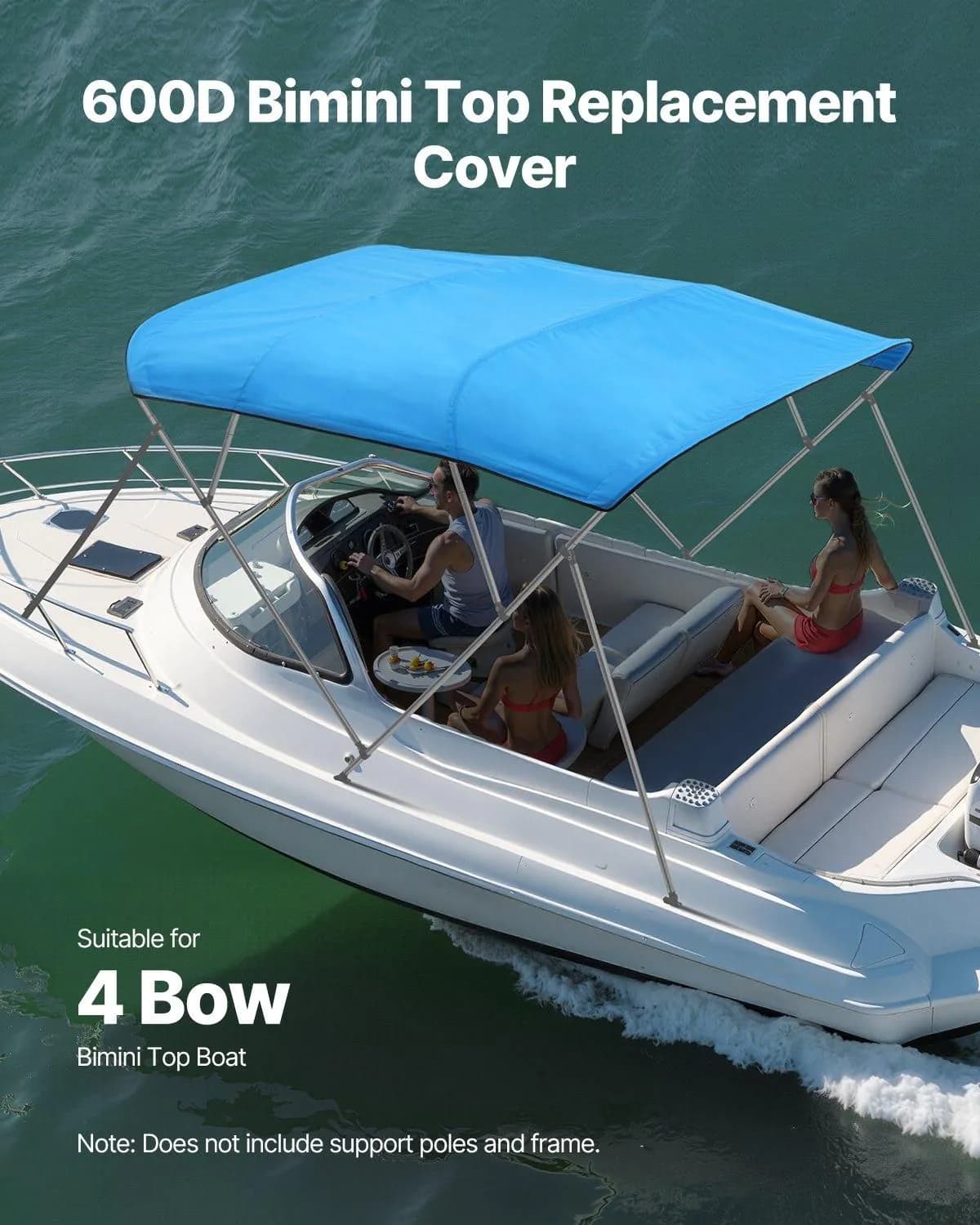image-VEVOR 4 Bow Boat Bimini Tops, 600D Polyester Canopy, Waterproof & Sun Protection Boat Awning Canopy with Storage Bag, Bimini Top Replacement, 96"Lx(91"-96")W, Pacific Blue (Support Frame Not Included)