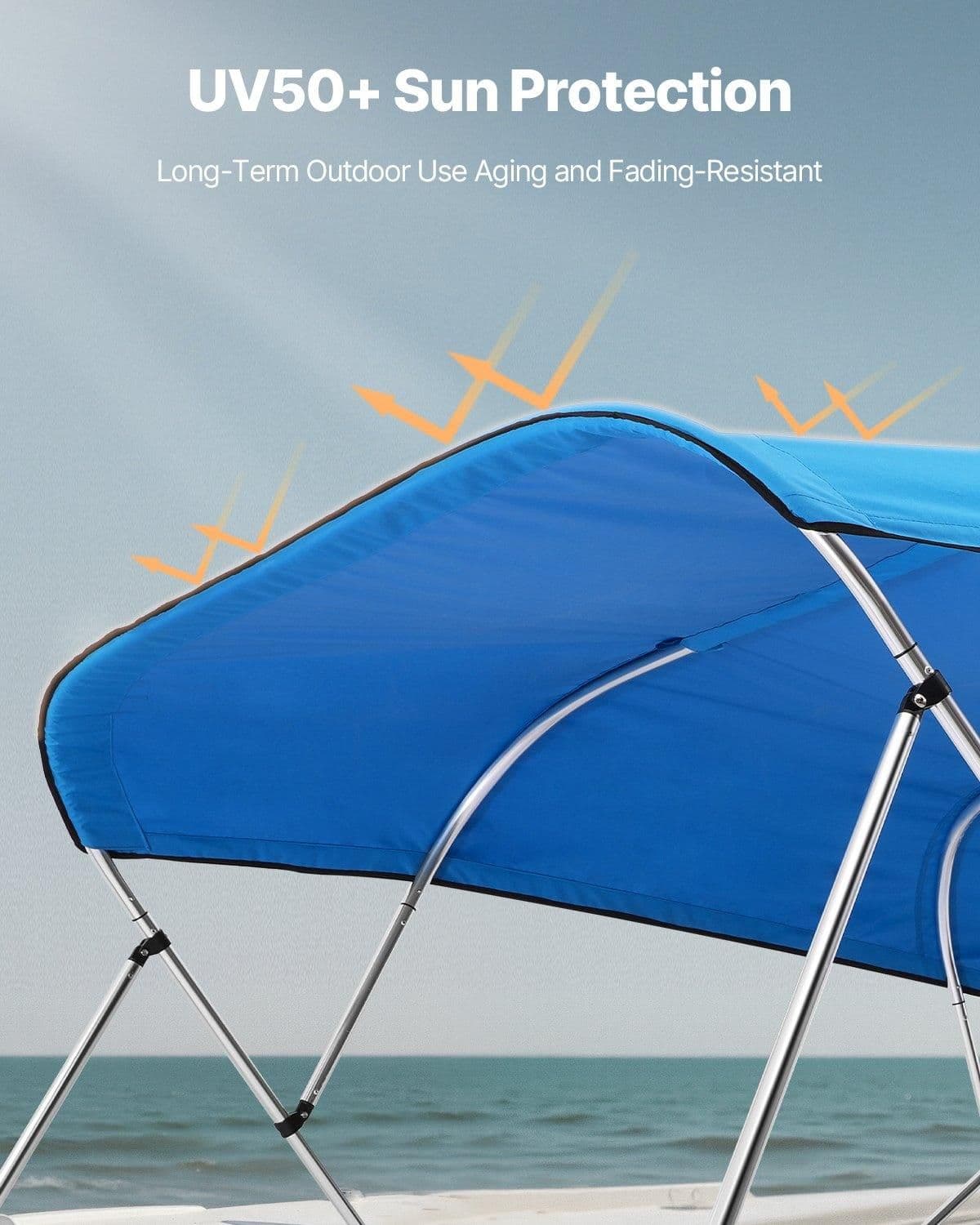 image-VEVOR 4 Bow Boat Bimini Tops, 600D Polyester Canopy, Waterproof & Sun Protection Boat Awning Canopy with Storage Bag, Bimini Top Replacement, 96"Lx(91"-96")W, Pacific Blue (Support Frame Not Included)