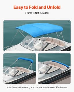 image-VEVOR 4 Bow Boat Bimini Tops, 600D Polyester Canopy, Waterproof & Sun Protection Boat Awning Canopy with Storage Bag, Bimini Top Replacement, 96"Lx(91"-96")W, Pacific Blue (Support Frame Not Included)
