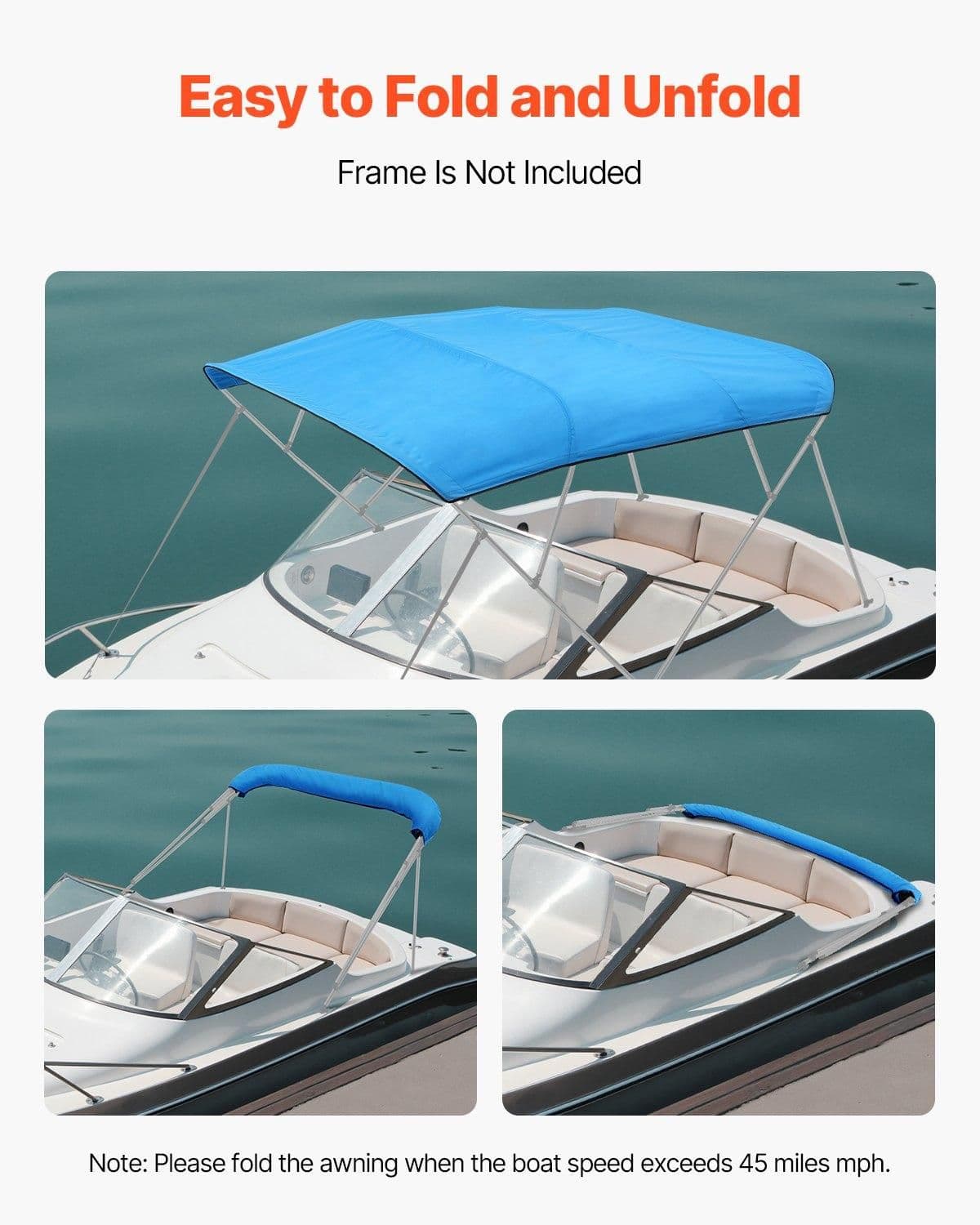 image-VEVOR 4 Bow Boat Bimini Tops, 600D Polyester Canopy, Waterproof & Sun Protection Boat Awning Canopy with Storage Bag, Bimini Top Replacement, 96"Lx(91"-96")W, Pacific Blue (Support Frame Not Included)