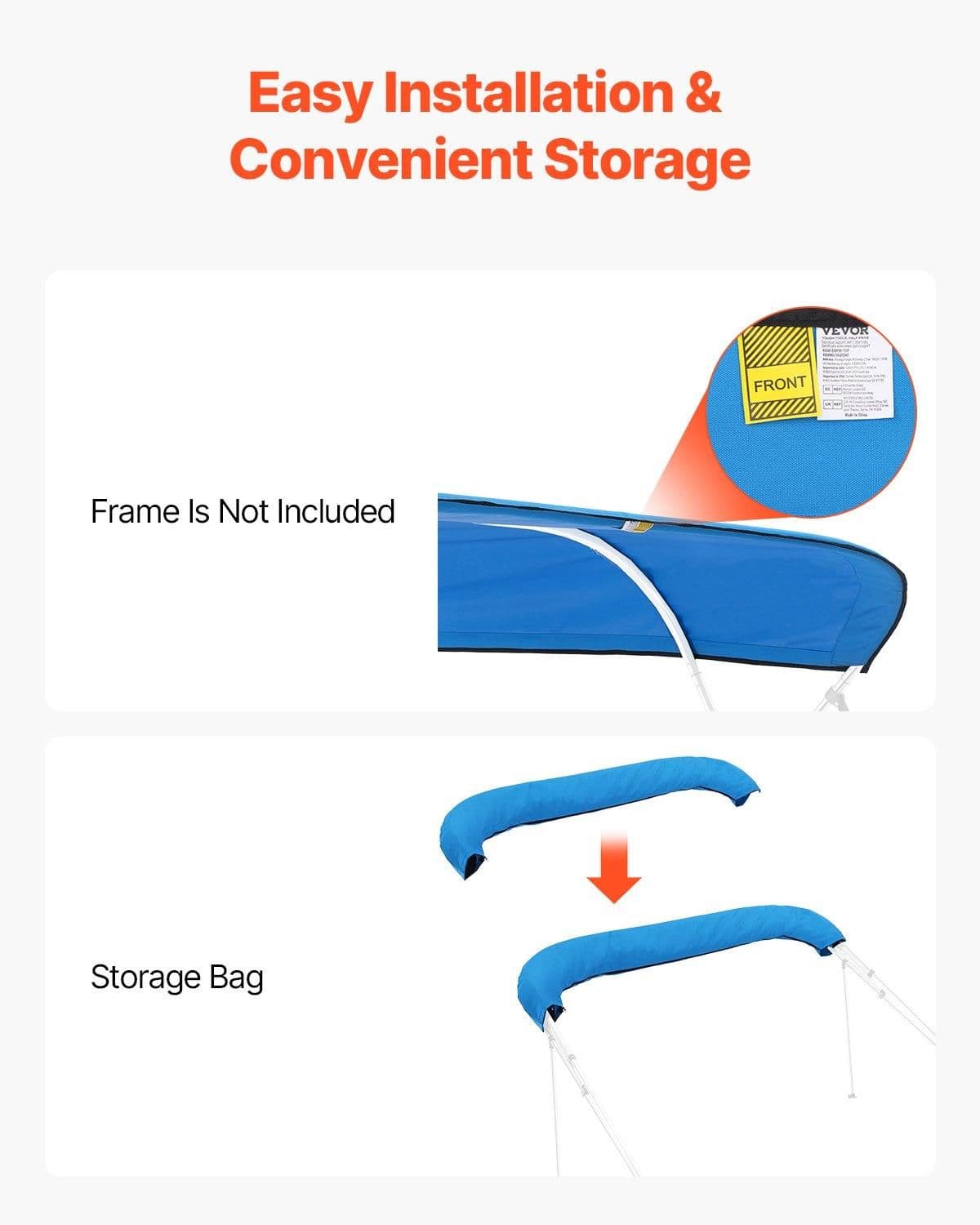 image-VEVOR 4 Bow Boat Bimini Tops, 600D Polyester Canopy, Waterproof & Sun Protection Boat Awning Canopy with Storage Bag, Bimini Top Replacement, 96"Lx(91"-96")W, Pacific Blue (Support Frame Not Included)