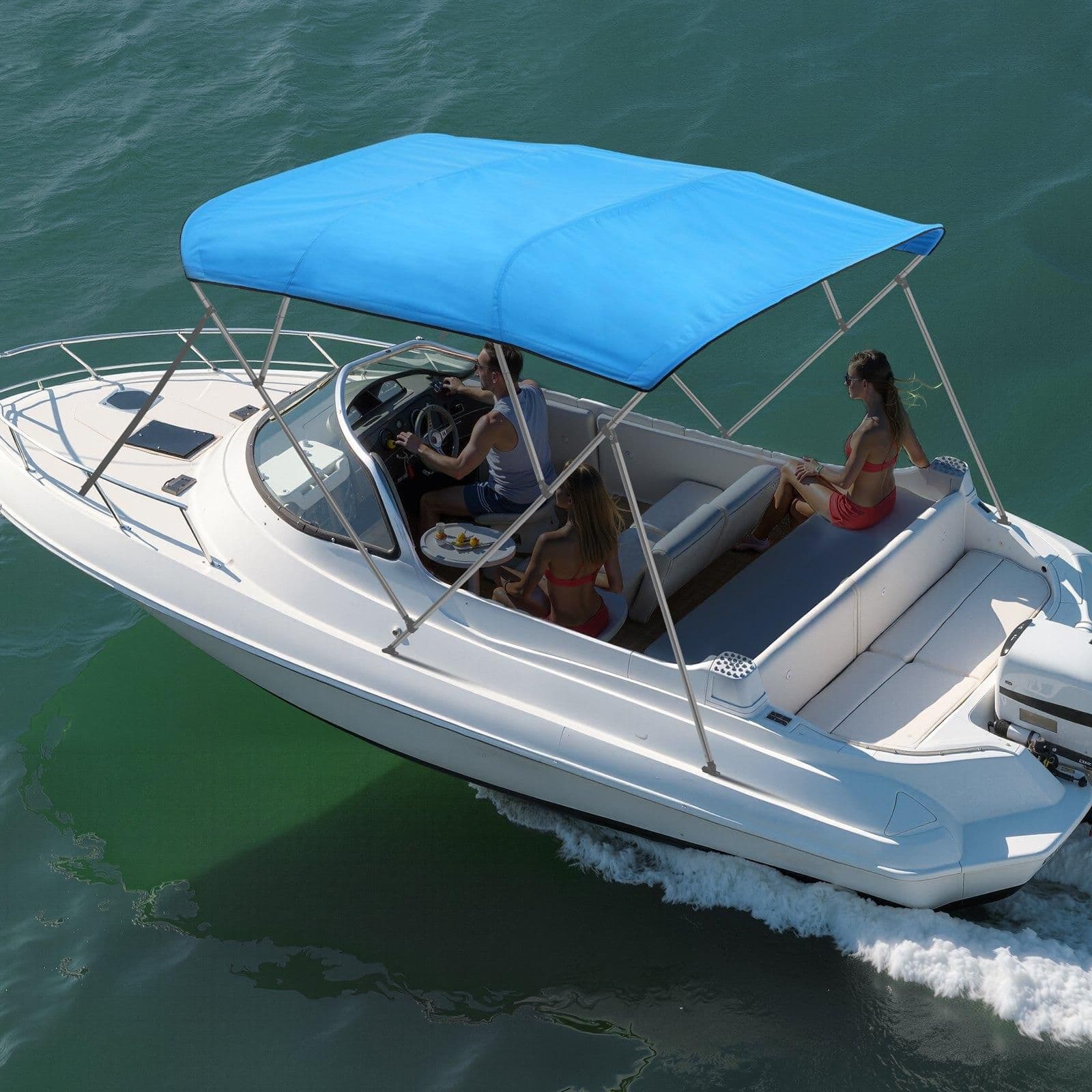 image-VEVOR 4 Bow Boat Bimini Tops, 600D Polyester Canopy, Waterproof & Sun Protection Boat Awning Canopy with Storage Bag, Bimini Top Replacement, 96"Lx(91"-96")W, Pacific Blue (Support Frame Not Included)