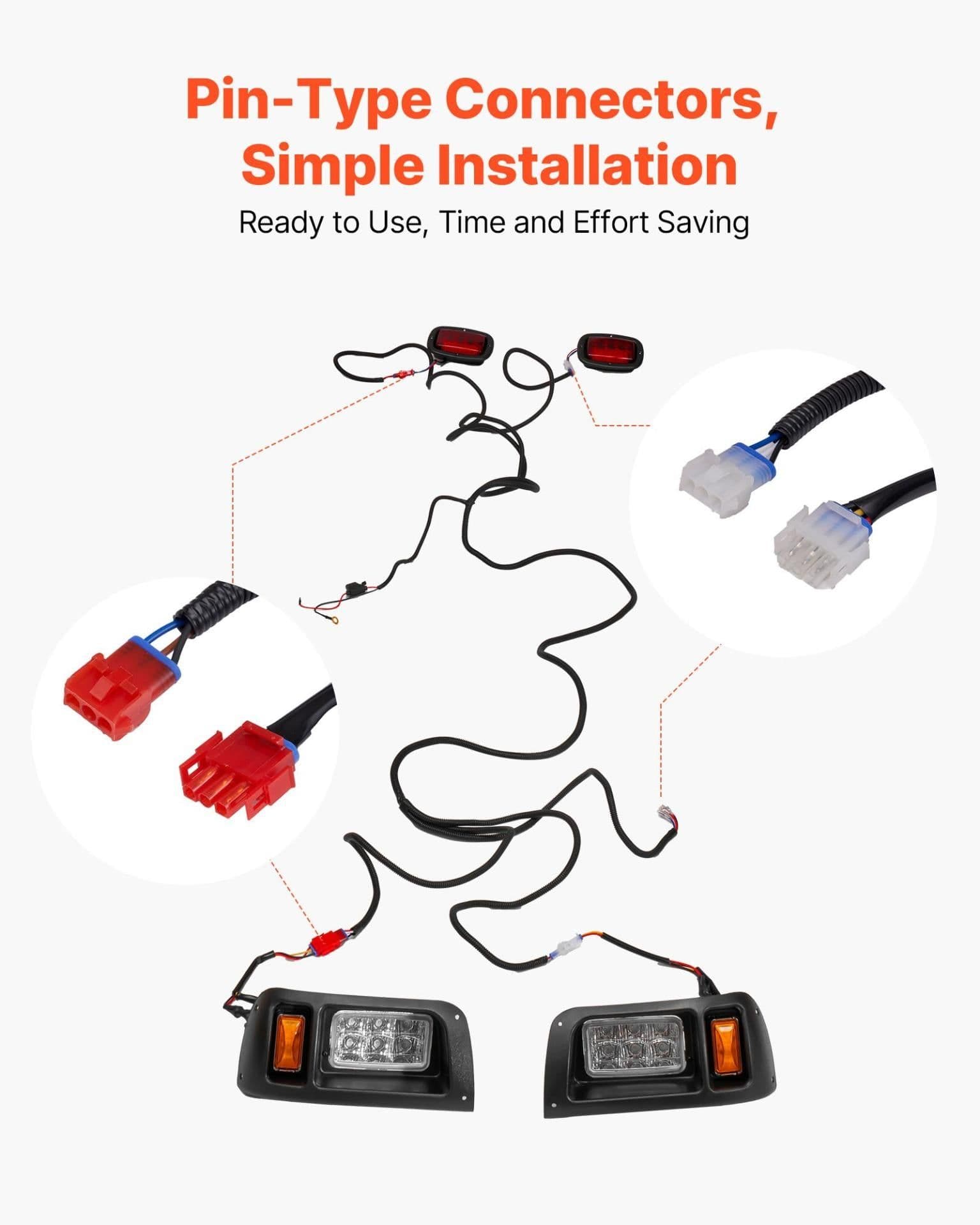 image-VEVOR Golf Cart Light Kit, 12 Volt, LED Headlight and Tail Light Kit with Wiring Harness, Switch, Zip Ties, ABS Housing, High-Brightness, Waterproof and Dustproof, Fit for EZGO TXT 1996-2013 Models