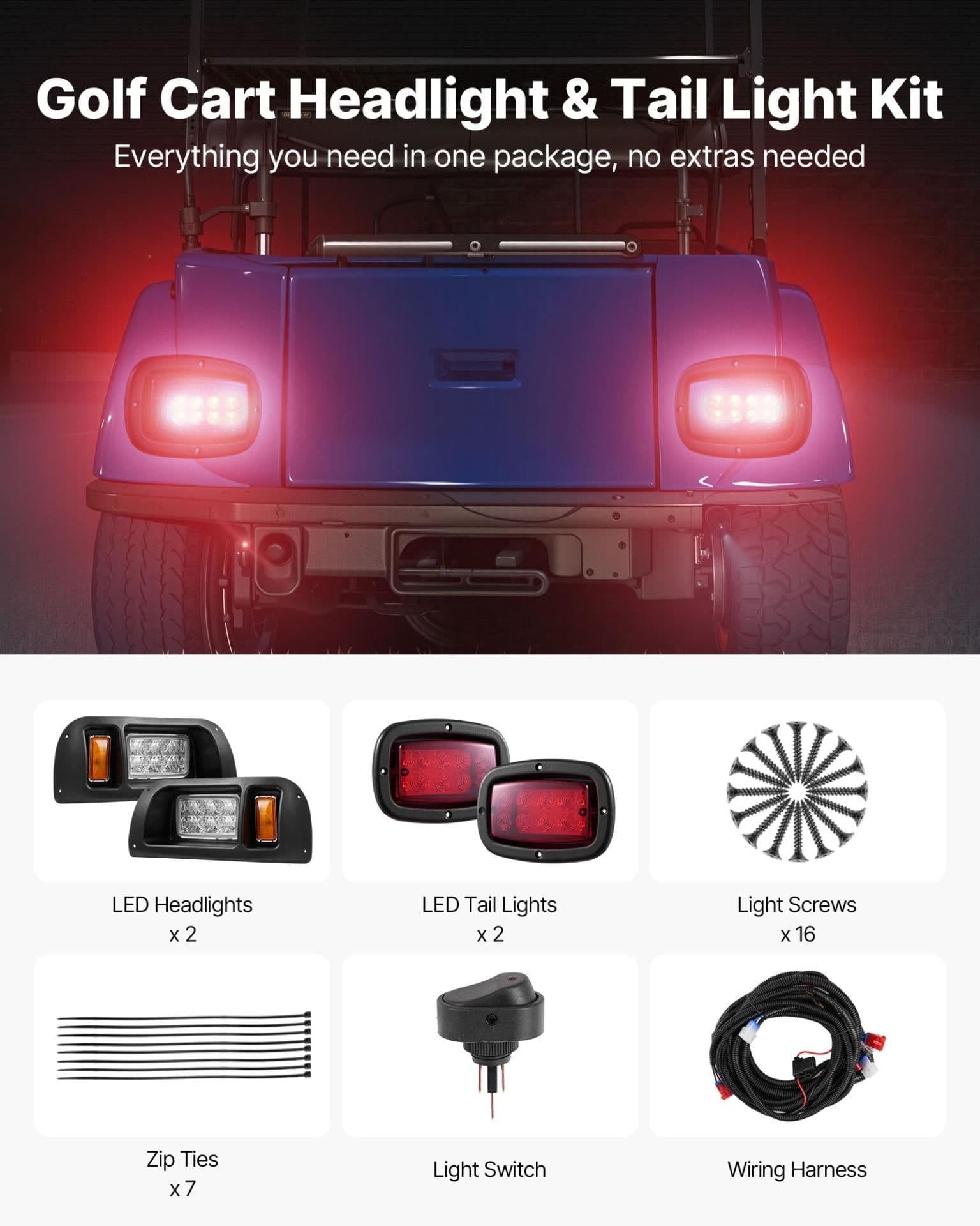 image-VEVOR Golf Cart Light Kit, 12 Volt, LED Headlight and Tail Light Kit with Wiring Harness, Switch, Zip Ties, ABS Housing, High-Brightness, Waterproof and Dustproof, Fit for EZGO TXT 1996-2013 Models