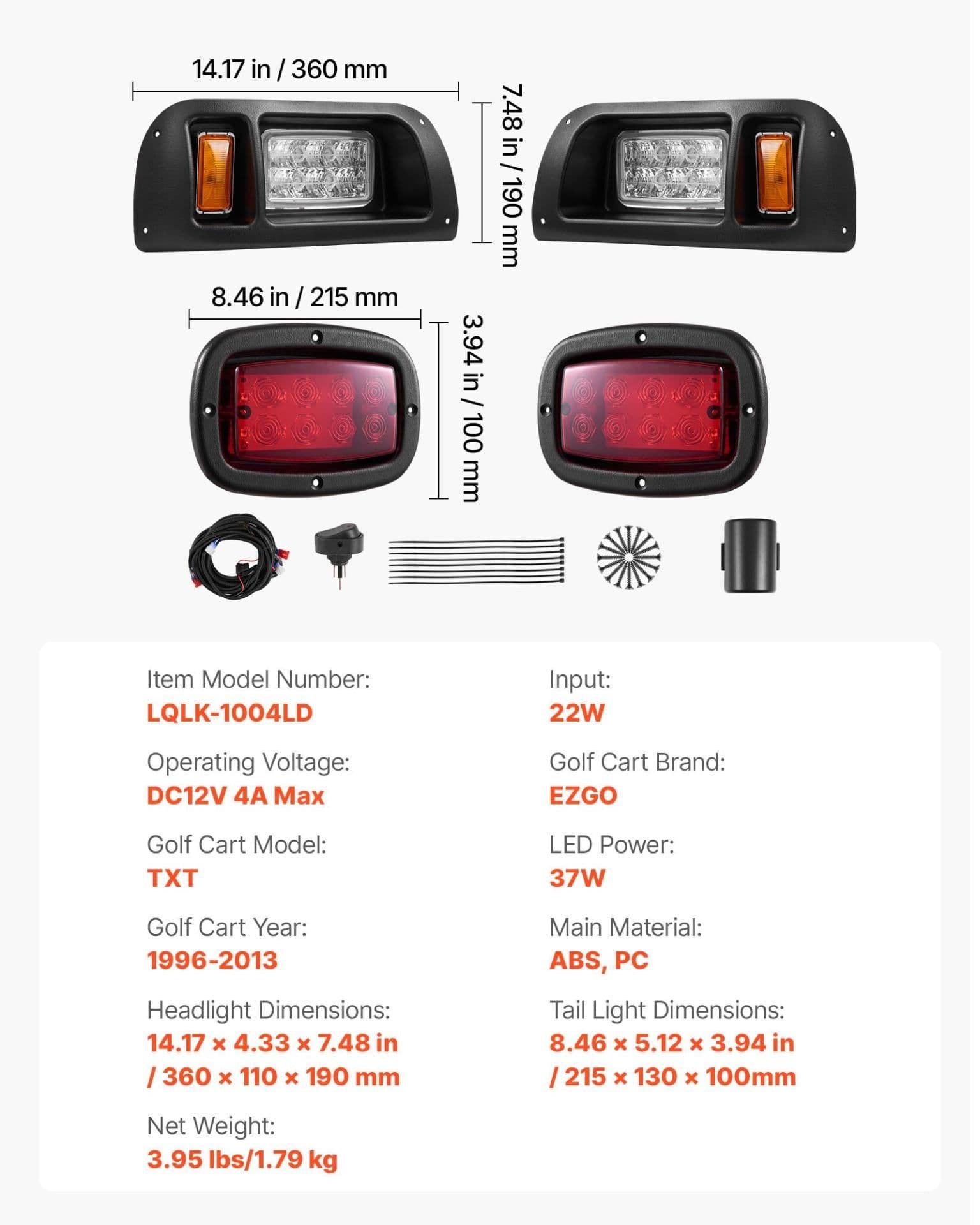 image-VEVOR Golf Cart Light Kit, 12 Volt, LED Headlight and Tail Light Kit with Wiring Harness, Switch, Zip Ties, ABS Housing, High-Brightness, Waterproof and Dustproof, Fit for EZGO TXT 1996-2013 Models