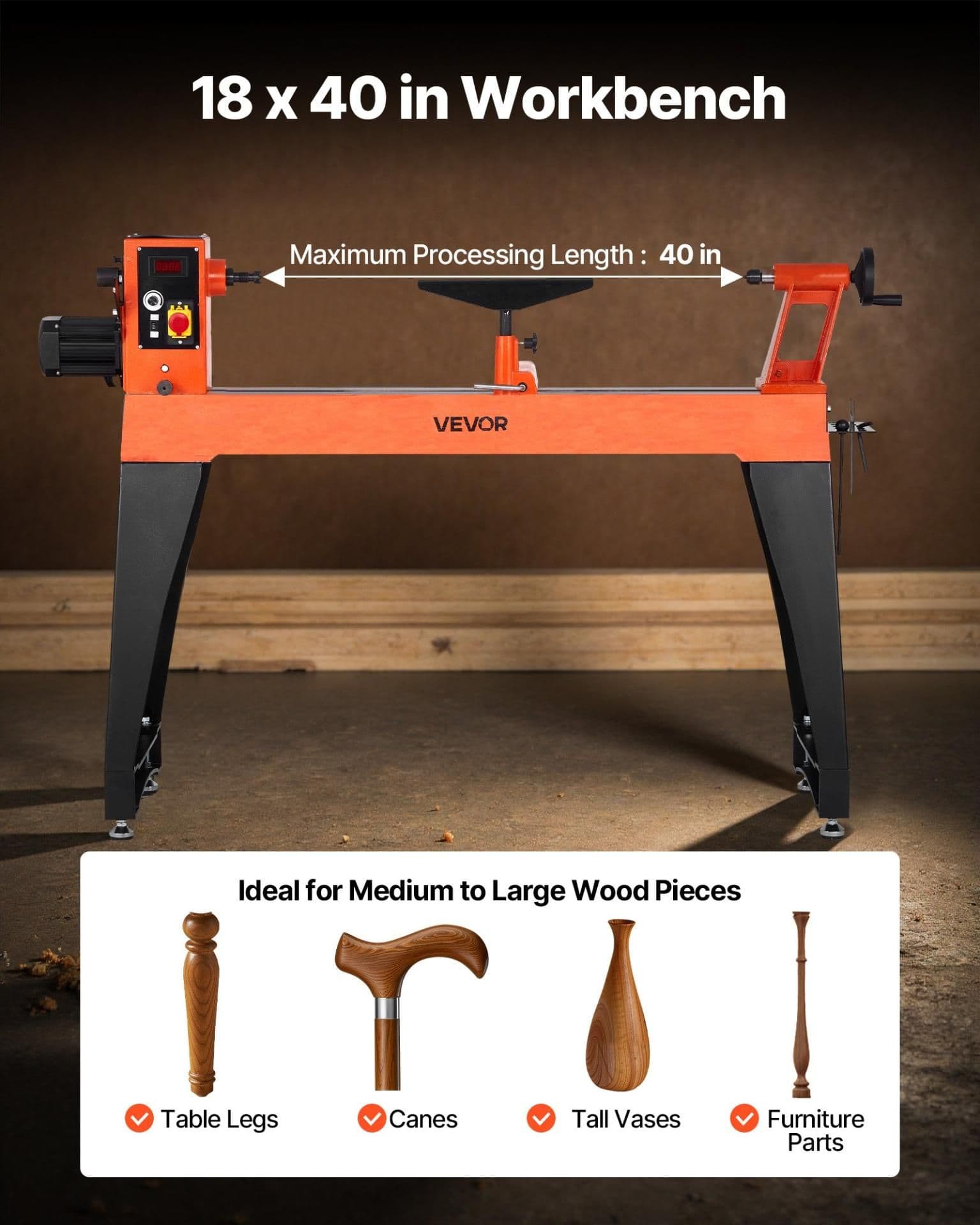 image-VEVOR Woodworking Lathe, 2 HP, Wood Lathe Machine with 0 to 3200 RPM Variable Speed, 18 x 40 in Workbench, Brushless DC Motor, Cast Iron Body, Tool Rest, for Medium to Large Projects Woodworking