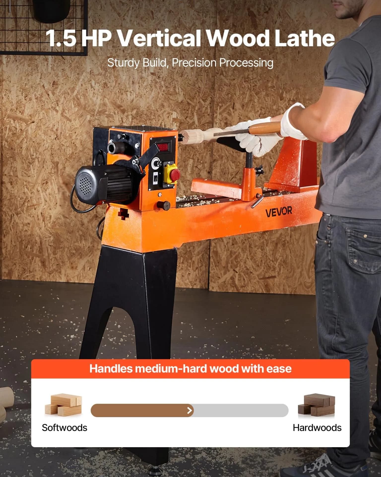 image-VEVOR Woodworking Lathe, 1.5 HP, Wood Lathe Machine with 0 to 3200 RPM Variable Speed, 16 x 40 in Workbench, Brushless DC Motor, Cast Iron Body, Tool Rest, for Medium to Large Projects Woodworking