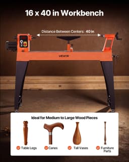 image-VEVOR Woodworking Lathe, 1.5 HP, Wood Lathe Machine with 0 to 3200 RPM Variable Speed, 16 x 40 in Workbench, Brushless DC Motor, Cast Iron Body, Tool Rest, for Medium to Large Projects Woodworking