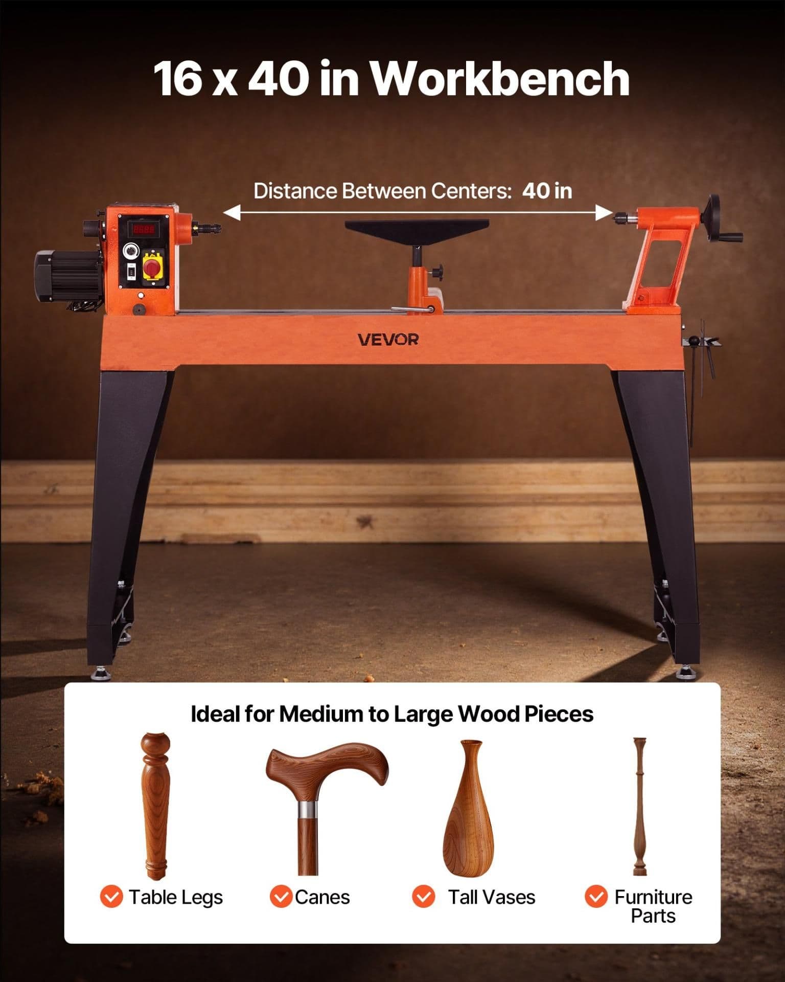 image-VEVOR Woodworking Lathe, 1.5 HP, Wood Lathe Machine with 0 to 3200 RPM Variable Speed, 16 x 40 in Workbench, Brushless DC Motor, Cast Iron Body, Tool Rest, for Medium to Large Projects Woodworking