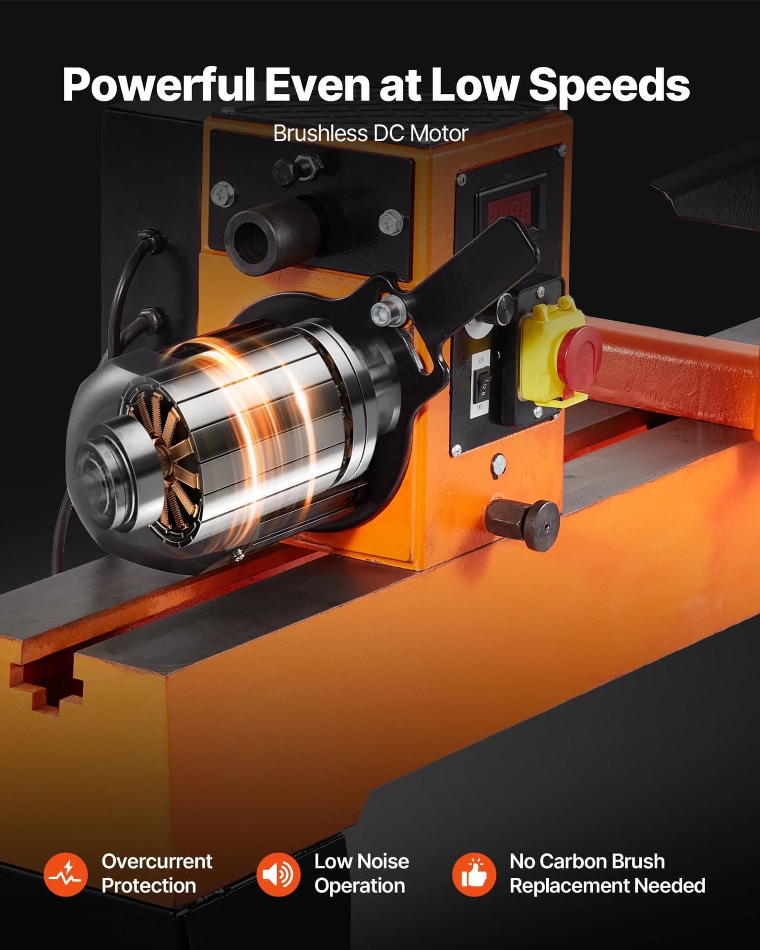 image-VEVOR Woodworking Lathe, 1.5 HP, Wood Lathe Machine with 0 to 3200 RPM Variable Speed, 16 x 40 in Workbench, Brushless DC Motor, Cast Iron Body, Tool Rest, for Medium to Large Projects Woodworking