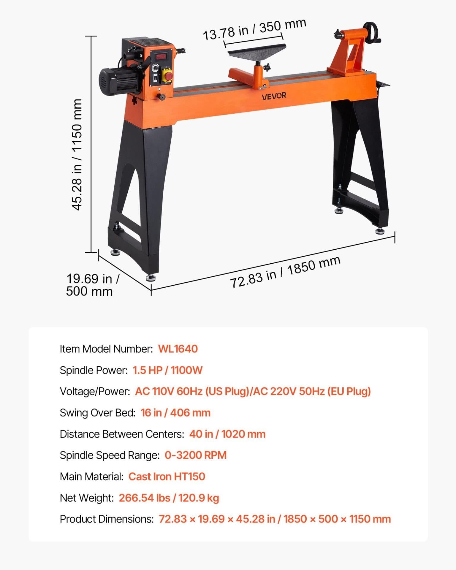 image-VEVOR Woodworking Lathe, 1.5 HP, Wood Lathe Machine with 0 to 3200 RPM Variable Speed, 16 x 40 in Workbench, Brushless DC Motor, Cast Iron Body, Tool Rest, for Medium to Large Projects Woodworking