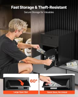 image-VEVOR 1.2 Cubic Feet Drop Safe, Large Capacity Front Drop Slot Safe Box with Digital Keypad, Heavy Duty 2 Tiers Cash Depository Box with Spare Keys for Cash, Bank Slip, Jewelry, Document, Bill, Black