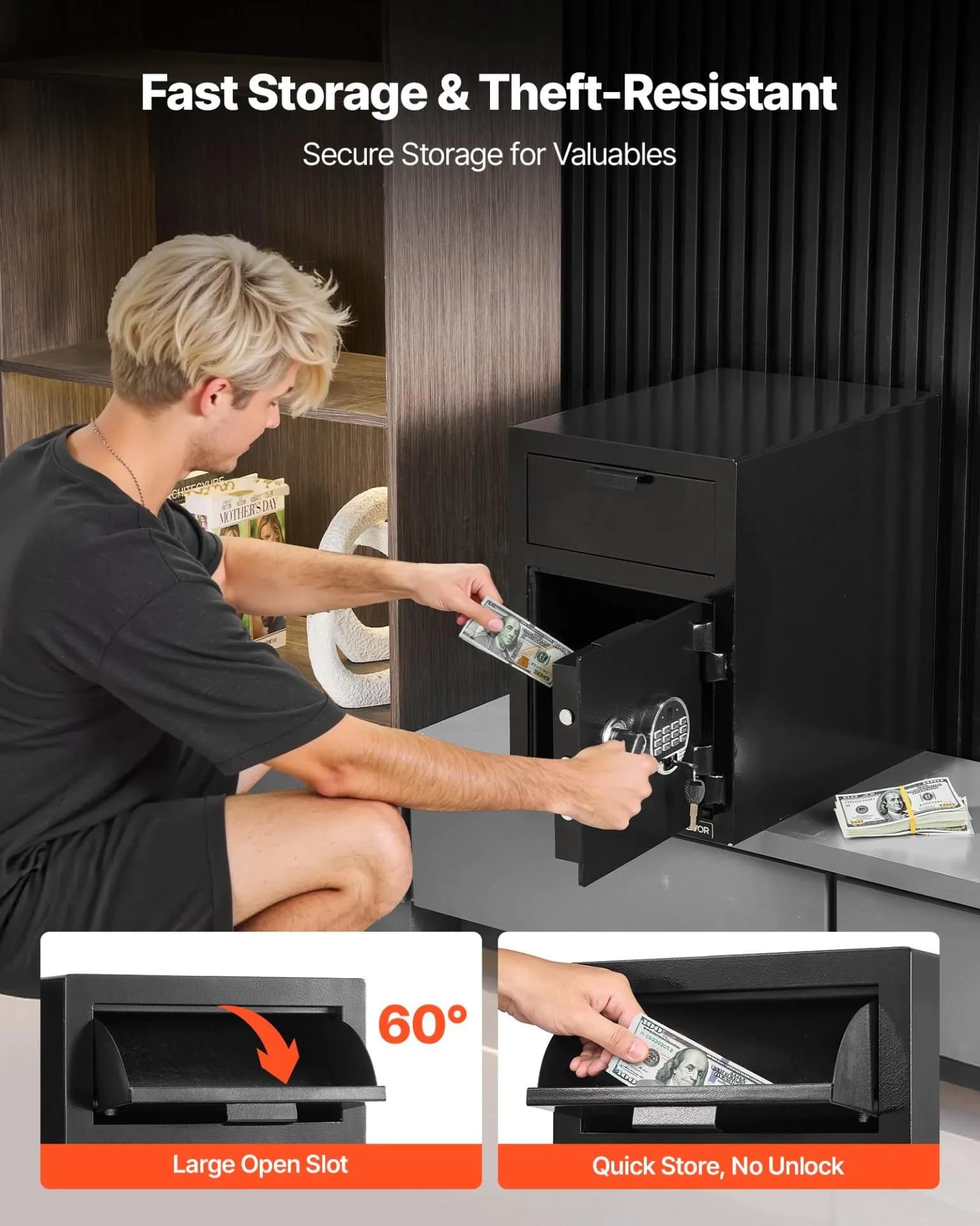 image-VEVOR 1.2 Cubic Feet Drop Safe, Large Capacity Front Drop Slot Safe Box with Digital Keypad, Heavy Duty 2 Tiers Cash Depository Box with Spare Keys for Cash, Bank Slip, Jewelry, Document, Bill, Black