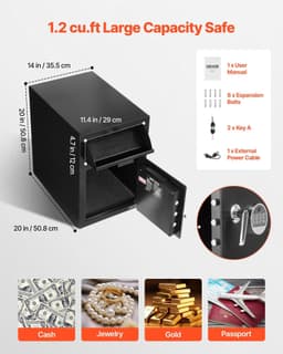 image-VEVOR 1.2 Cubic Feet Drop Safe, Large Capacity Front Drop Slot Safe Box with Digital Keypad, Heavy Duty 2 Tiers Cash Depository Box with Spare Keys for Cash, Bank Slip, Jewelry, Document, Bill, Black