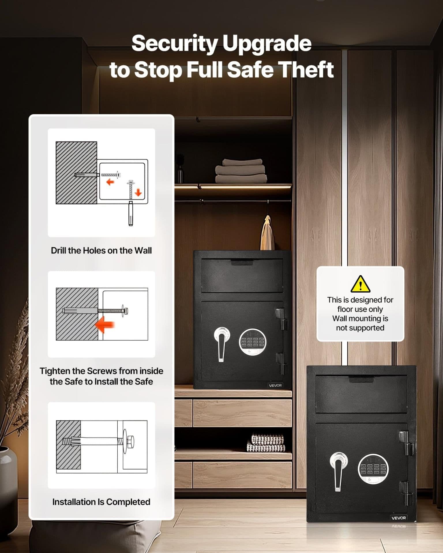 image-VEVOR 1.2 Cubic Feet Drop Safe, Large Capacity Front Drop Slot Safe Box with Digital Keypad, Heavy Duty 2 Tiers Cash Depository Box with Spare Keys for Cash, Bank Slip, Jewelry, Document, Bill, Black