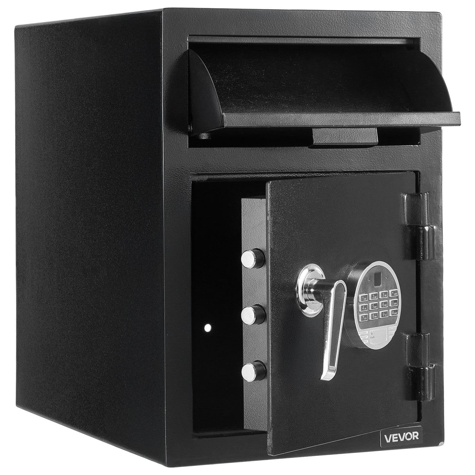 image-VEVOR 1.2 Cubic Feet Drop Safe, Large Capacity Front Drop Slot Safe Box with Digital Keypad, Heavy Duty 2 Tiers Cash Depository Box with Spare Keys for Cash, Bank Slip, Jewelry, Document, Bill, Black