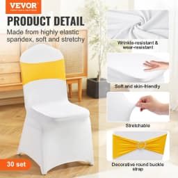 image-VEVOR Stretch Spandex Folding Chair Covers, Universal Fitted Chair Cover with Chair Sashes, Removable Washable Protective Slipcovers, for Wedding, Holiday, Banquet, Party, Dining (30 Set Gold & White)