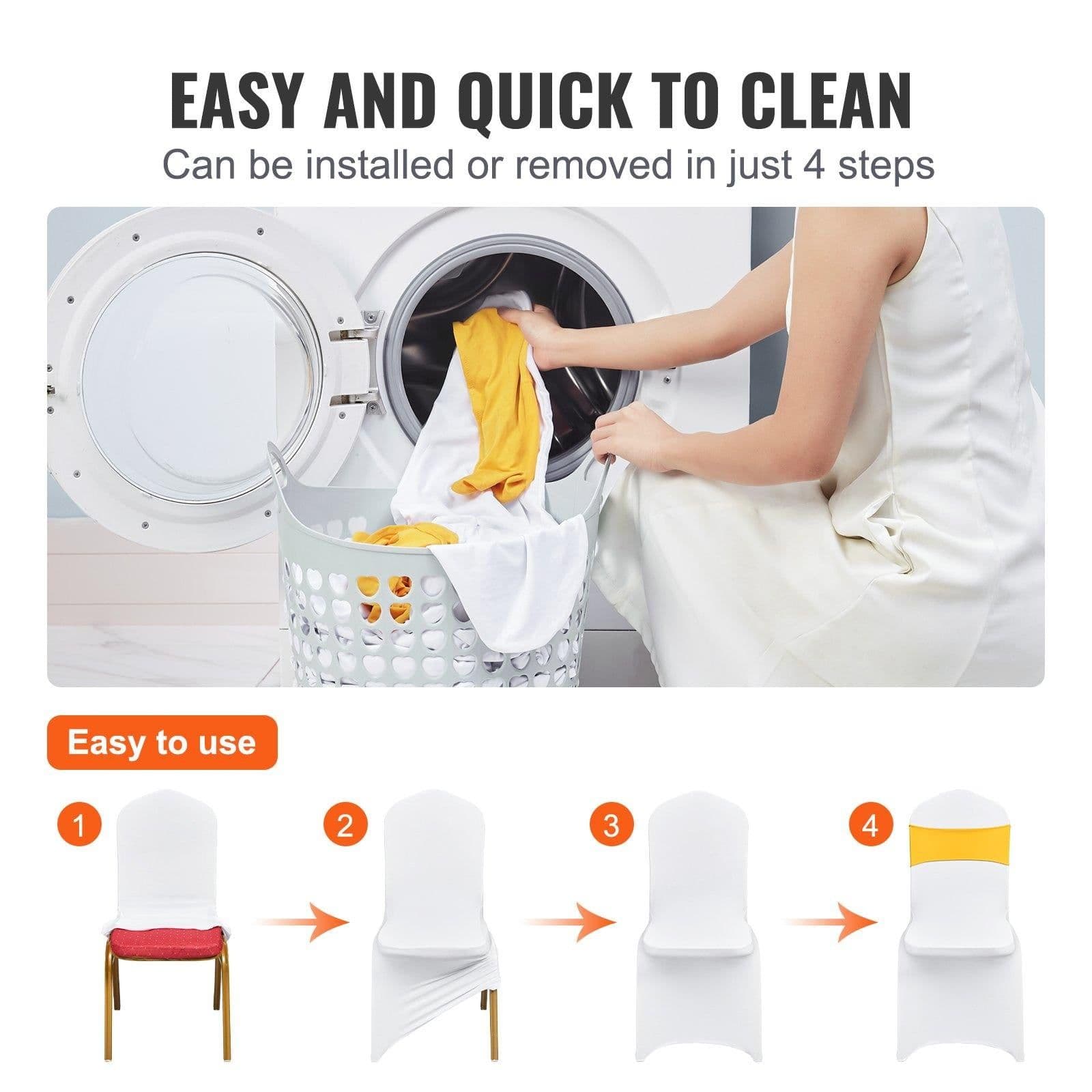 image-VEVOR Stretch Spandex Folding Chair Covers, Universal Fitted Chair Cover with Chair Sashes, Removable Washable Protective Slipcovers, for Wedding, Holiday, Banquet, Party, Dining (30 Set Gold & White)